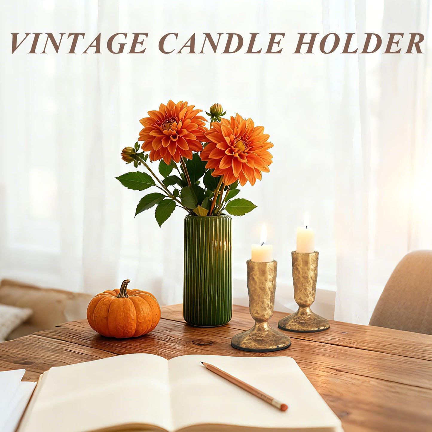 DENDROVIA Gold Cast Iron Candle Holders Set of 2 - Antique Brass Gold Metal Taper Candle Stick Holders for Table - Wrought Iron Candle Holder for Centerpiece, Mantel, Wedding, Party, Christmas Decor