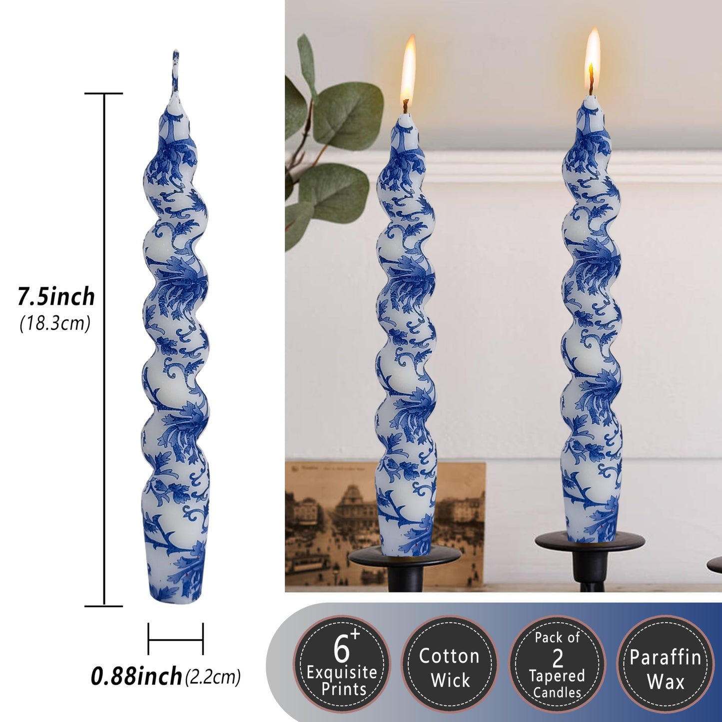 Twisted Candlesticks Spiral Taper Candles Odorless Candle Sticks Hand Printing Flowers Candlesticks Unscented Twirl Candles Easter Taper Candles for Home Dinner Decor Party Wedding Mother's Day Gifts