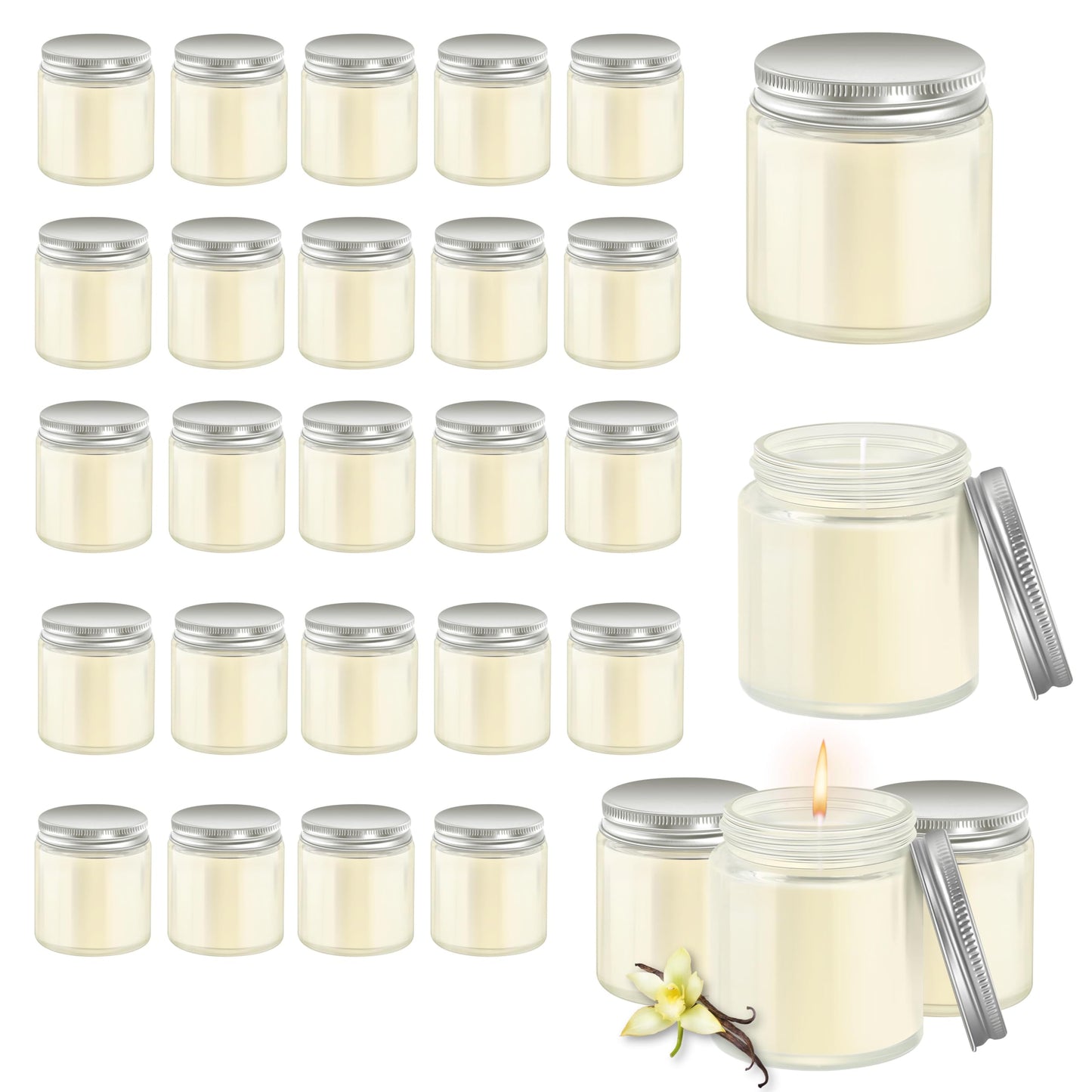 Cmoott 24 Pcs 4 Oz Mason Jar Candles, Vanilla Scented Soy Candles Bulk Set for Stress Relief and Relaxation, Great Favors for Wedding, Christmas, Housewarming Gifts (Silver, Vanilla, 24)