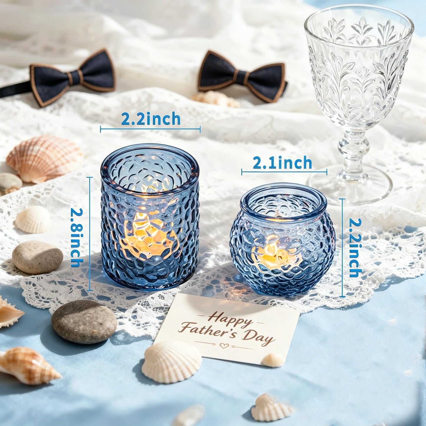 WELLIFE 24-Piece Blue Glass Votive Candle Holders Set – Tealight Candle Holder Glass Bulk with 12 Round & 12 Hammered Textured Cups, Blue Votive Candle Holders for Weddings, Parties, Home
