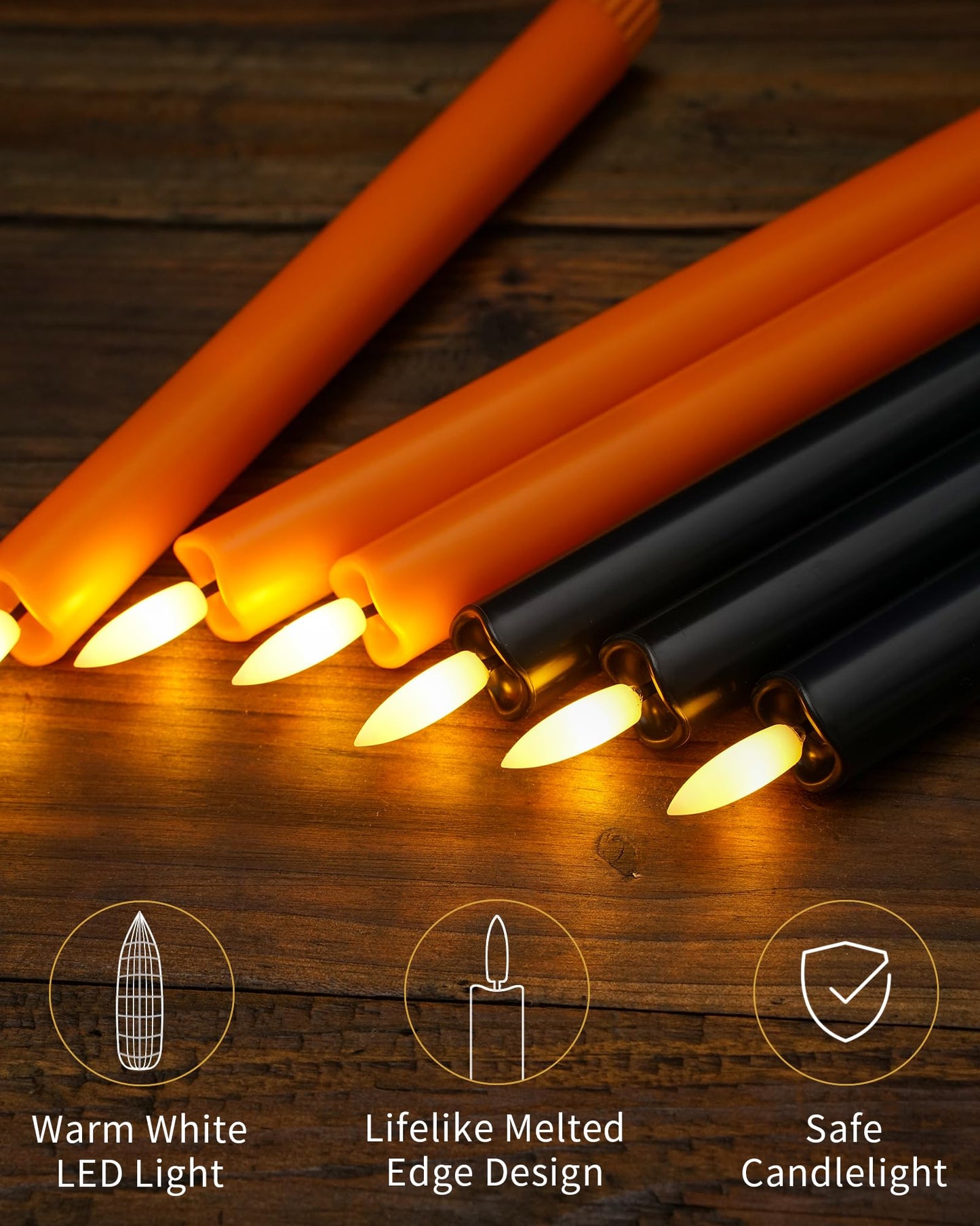 Stmarry Orange and Black Flameless Taper Candles with Remote - 10 Inch LED Candlesticks Flickering, Realistic 3D Flame with Wick, Warm White Light, Home Halloween Decor, Timer - Set of 6