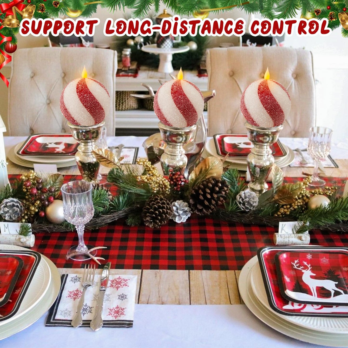Set of 3 Christmas Sphere Candy Cane Flameless Candles, Glitter Red White Real Wax Flickering Ball Candles Battery Operated with Remote, Candy Cane Christmas Decorations, Xmas Party Centerpieces Decor