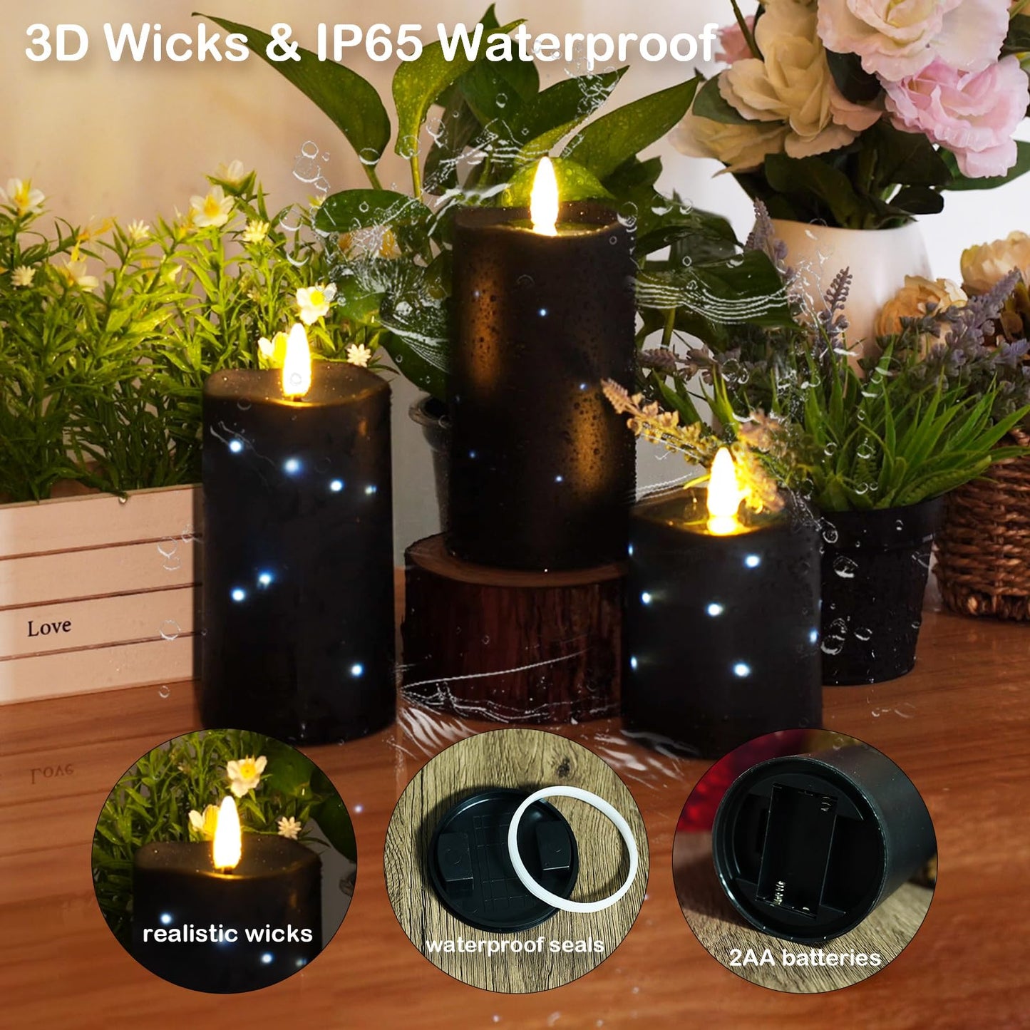 Flameless Candles Embeded Twinkle Starlight, Waterproof LED Flameless Candles with Remote, Plastics Realistic Pillar Candles for Home Decor, Outdoor Garden, Patio Decor 2pcs(Black)