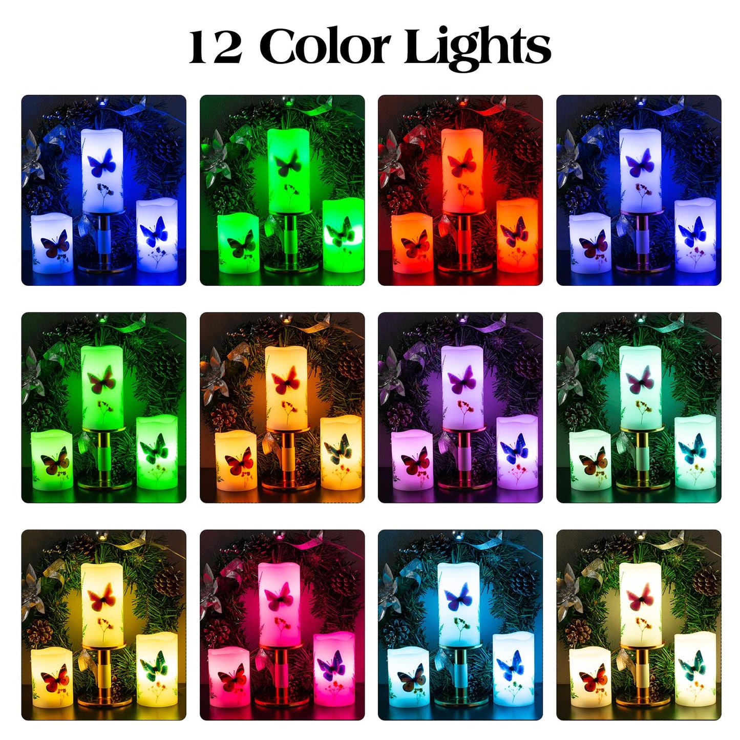 UNIVELA Candles Set of 3 Flameless 4" 5" 6" Unscented Tealight Butterfly Flower Plants Decor Real Wax Pillar Candle LED Lights 12 Color Changing 4H 8H Timer Remote Control AAA Batteries Operated