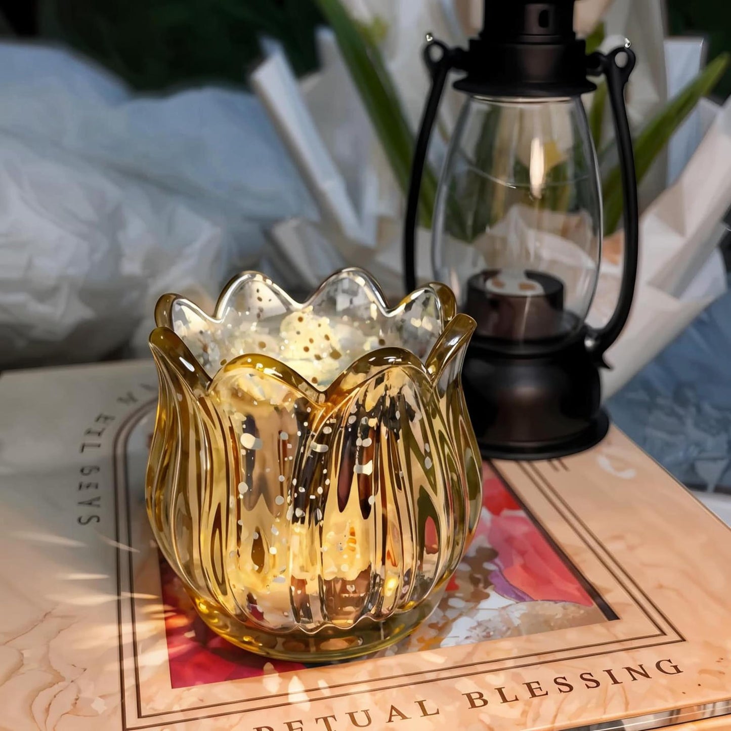 VIVAHEARTH Tulip Votive Candle Holders Set of 12, Tea Light Candle Holder Glass for Table Centerpiece, Tealight Candle Holders for Wedding Déco, Birthday, Anniversary, Parties, and Holiday (Glod)