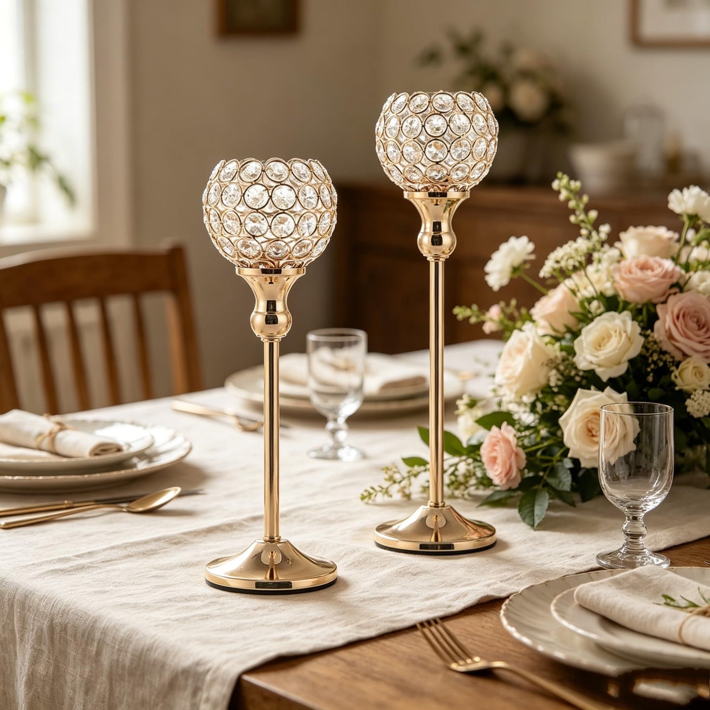 VINCIGANT Gold Crystal Candle Holders Set of 2,Pillar Candlesticks for Table Centerpieces, Valentine's Day Home Decor Wedding Party Housewarming Gift