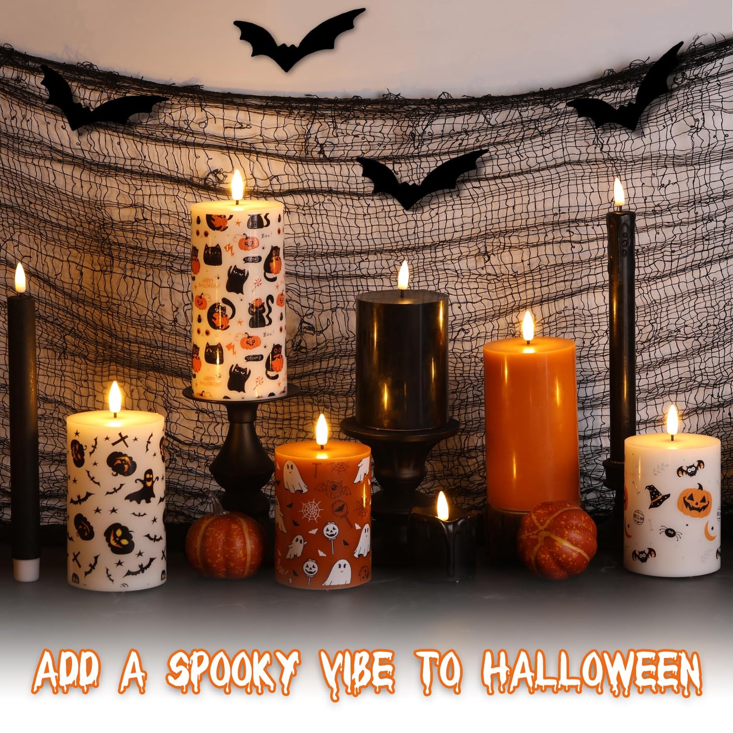 Girimax Halloween Flameless Pillar Candles with Remote, Black Cat Pumpkin LED Wax Candles Battery Operated Set of 3