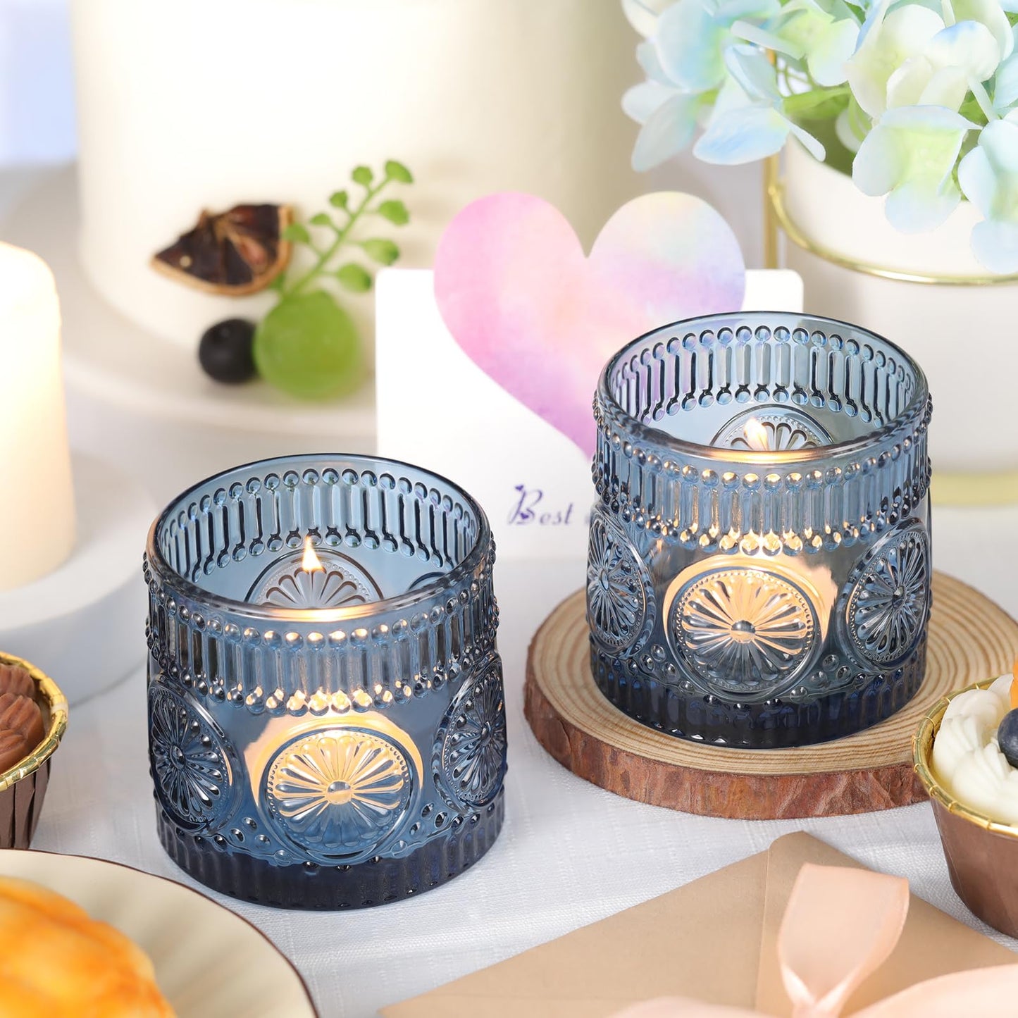 Sunnyfuture 6Pcs Large Votive Candle Holders Blue Glass Tealight Candle Holders for Wedding, Table Centerpiece, Party, Birthday, Home Decor