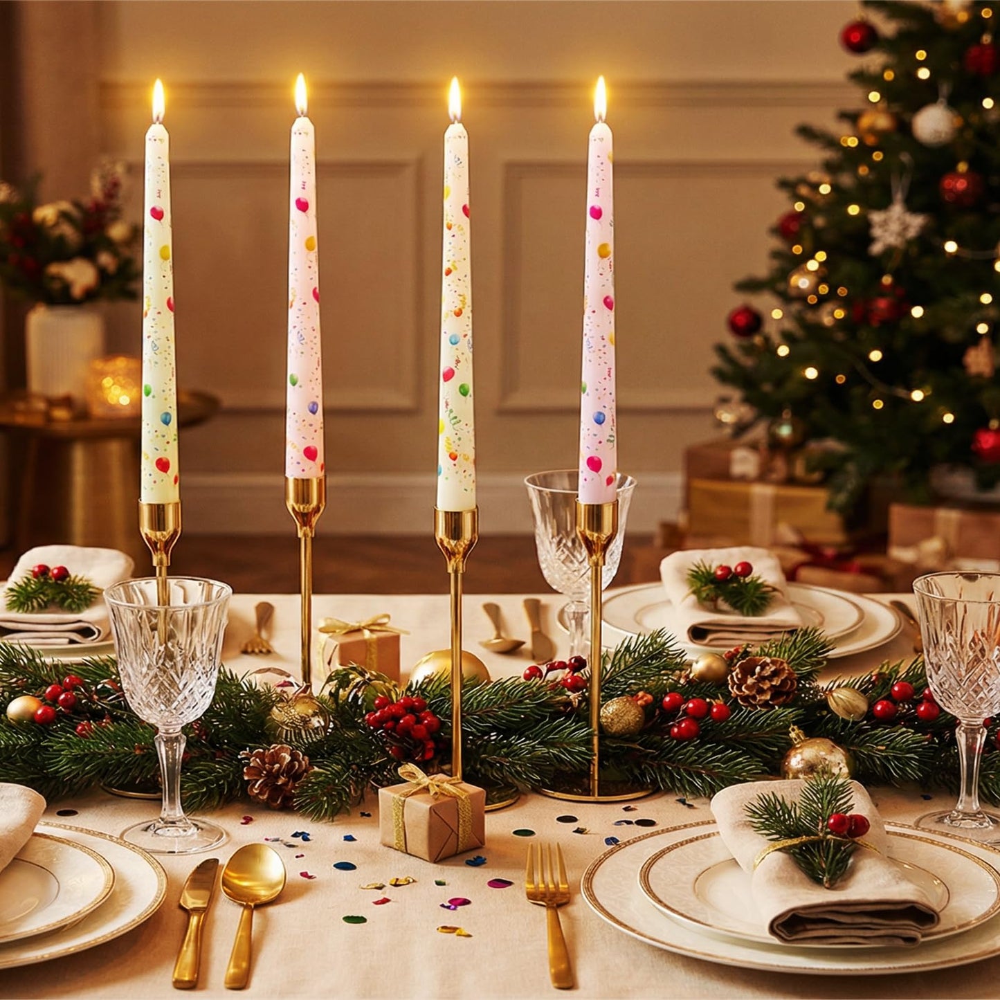FYBW 10 Inch Decorative Taper Candles, 4 Pack Birthday Balloon Print Candlesticks, Unscented Dripless Candles with Long Burn Time for Party, Holiday Table & Home Decor