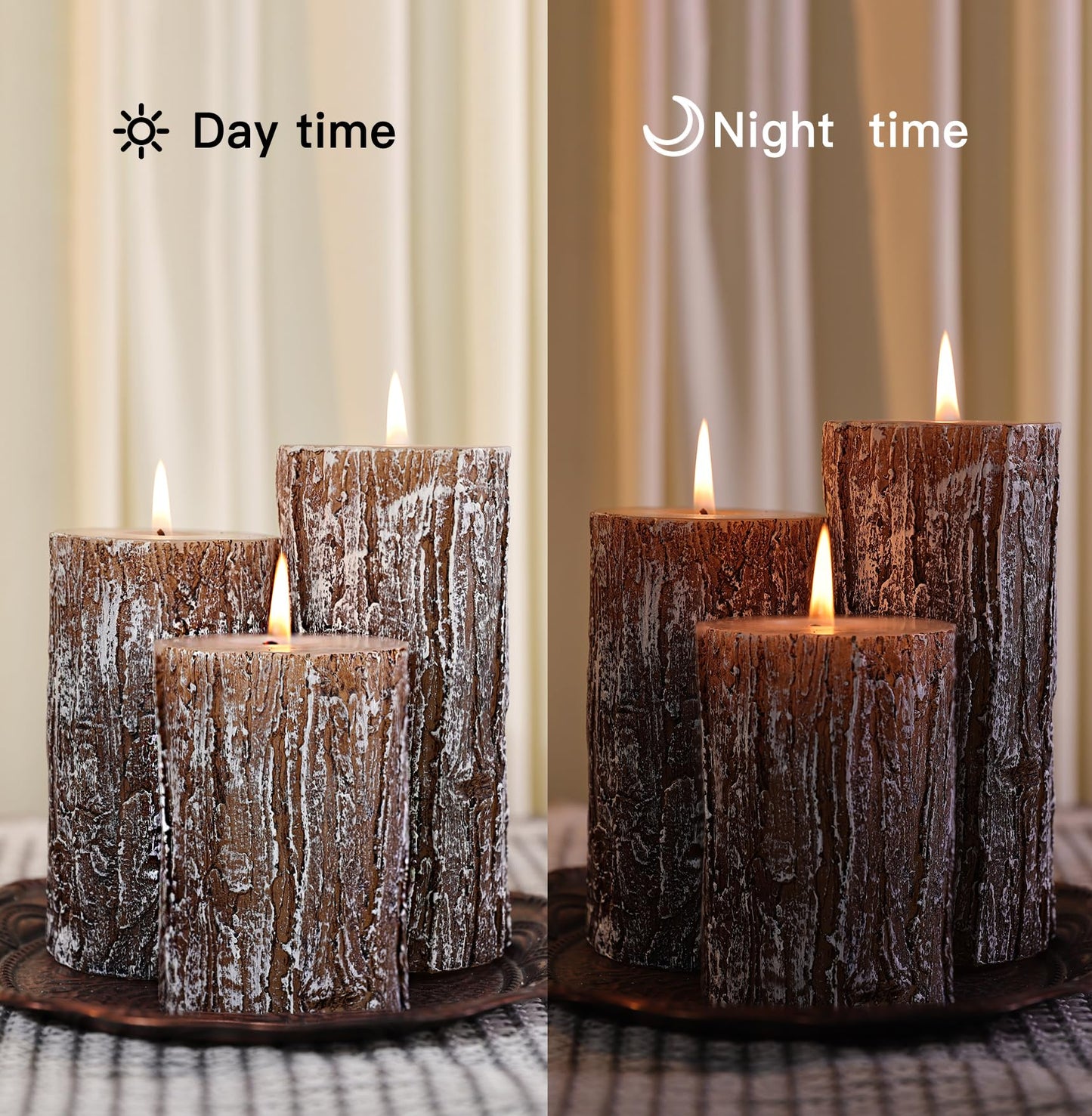 Classic Pine Tree Bark Texture Pillar Candles Set - Real Wax 3 Sizes (4", 5", 6" Tall) Rustic Decor Fireplace Candles, Unscented Woodland Style Pillar Candle for Home, Dining Table, Holiday Decor
