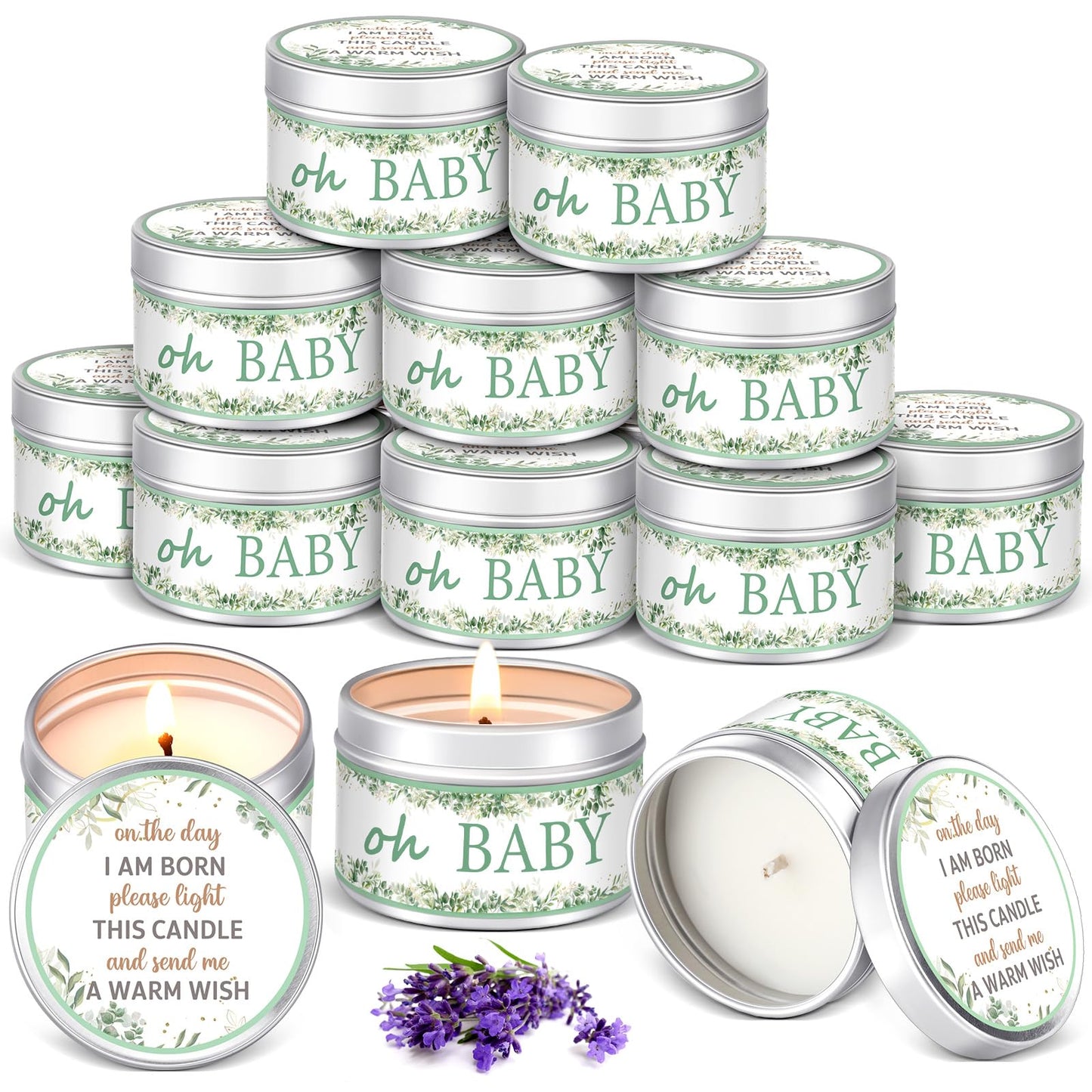 Funtery 12 Pcs Baby Shower Party Favors for Guests Baby Shower Candles Lavender Scented Candle Rustic Tealights Candles Gender Reveal Return Gifts(Leave)
