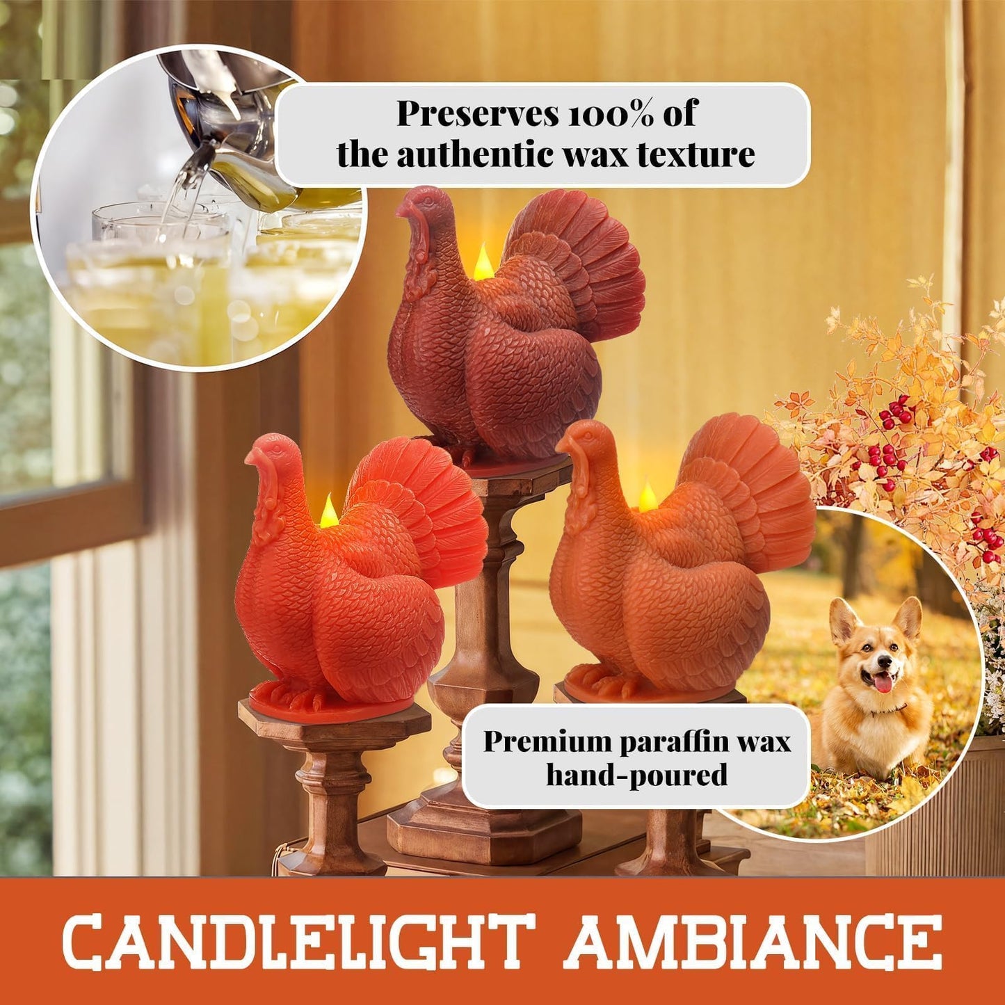 LCZLUMIPRO Set of 3 Autumn Harvest Flameless Candles - Real Wax Turkey Shaped LED Candles with Remote Timer, Battery Operated for Fall Thanksgiving Table & Winter Home Decor