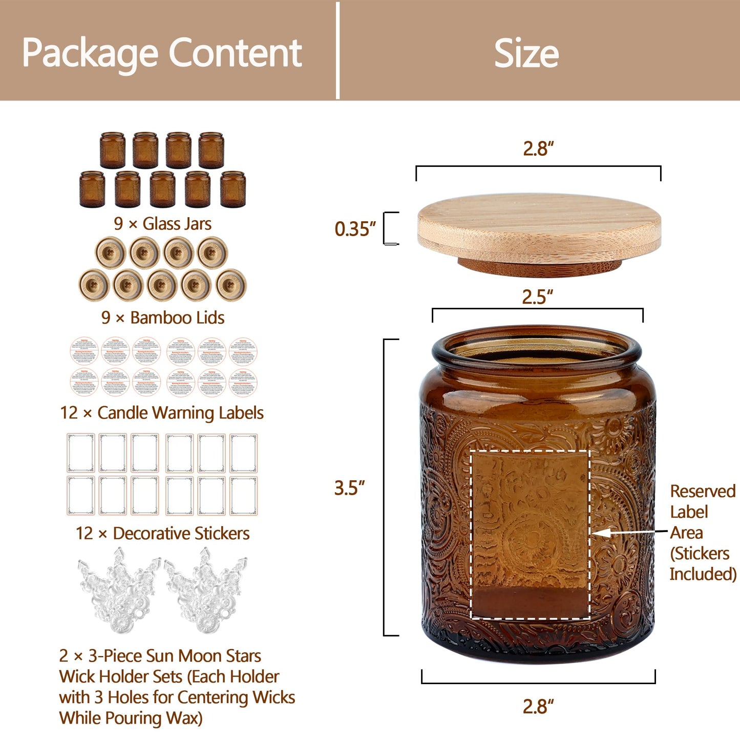 9-Pack 8oz Embossed Glass Candle Container with Bamboo Lids and Labels, Amber Candle Jars for Making Candles, Sun Moon Star Design