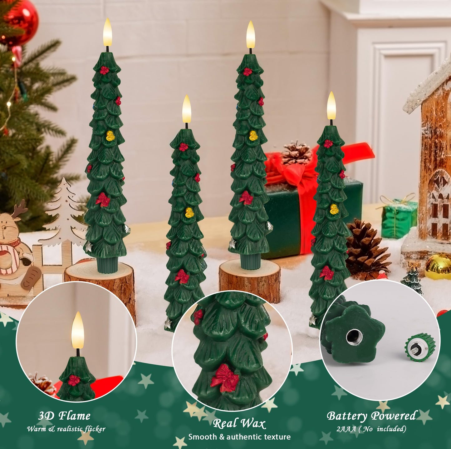 AFINETH Christmas Tree Taper Candles with Remote, 2 Pack Green Flameless Candles Battery Operated, Real Wax 9.6 Inch Flickering Led Tree Candlesticks Decorations for Winter Home Holiday Xmas Gift