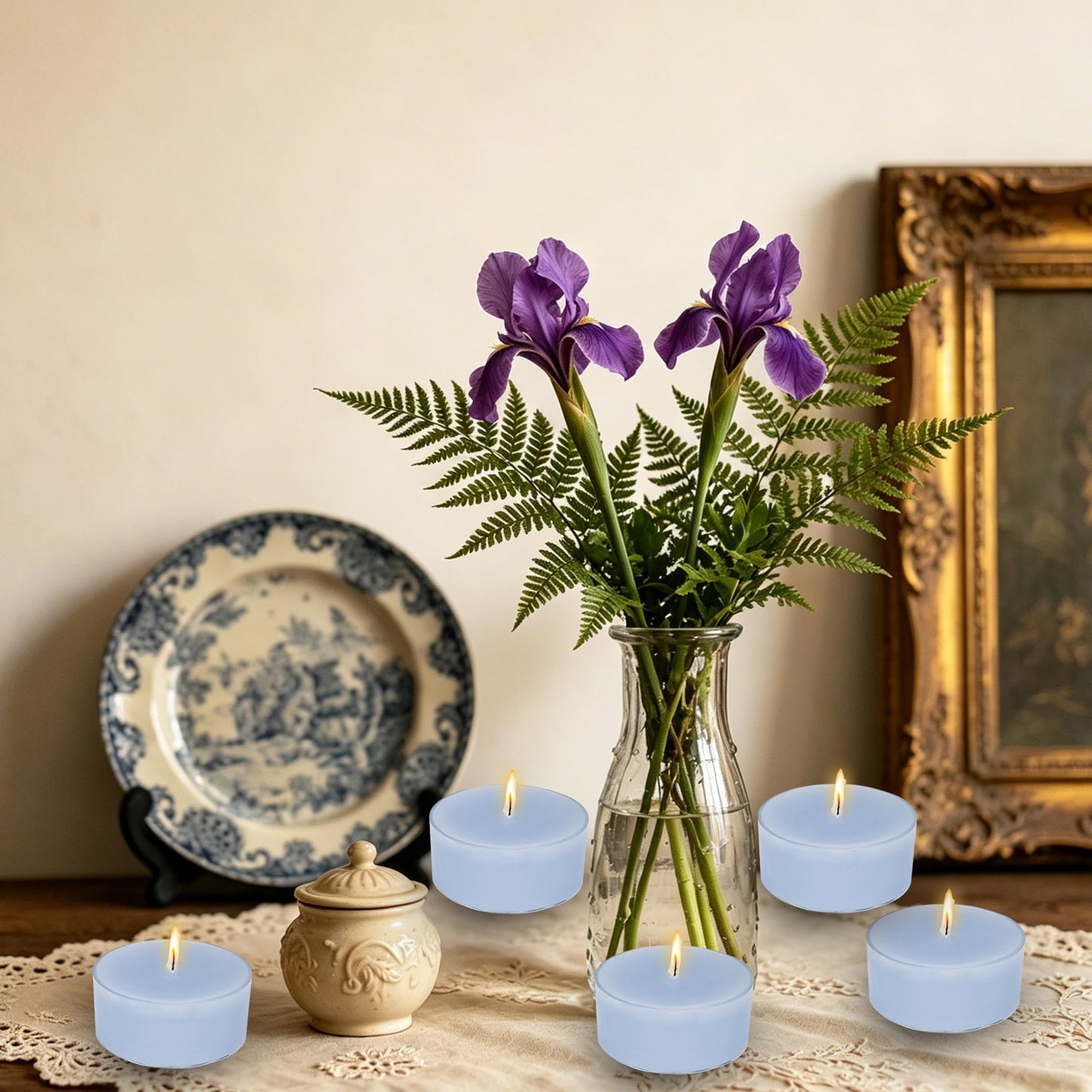 Blue Tea Candles Tea Lights Smokeless Bluebell Scent Tealight Candles Handmade Tealights Set of 24 Long Burning for Wedding Meditation Dinner Home Decor