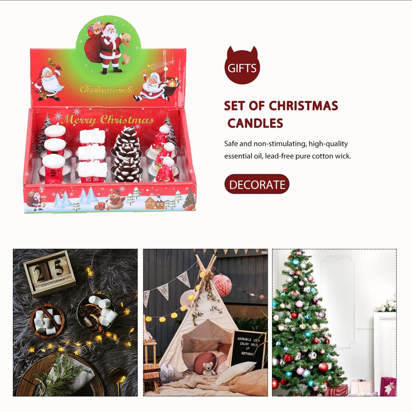 12 Pieces Tealight Candles Handmade Delicate Santa Hat Claus Christmas Tree Candle Wax Snowman Elk Pinecone House Candles for Party Wedding Spa HomeChristmas Decoration