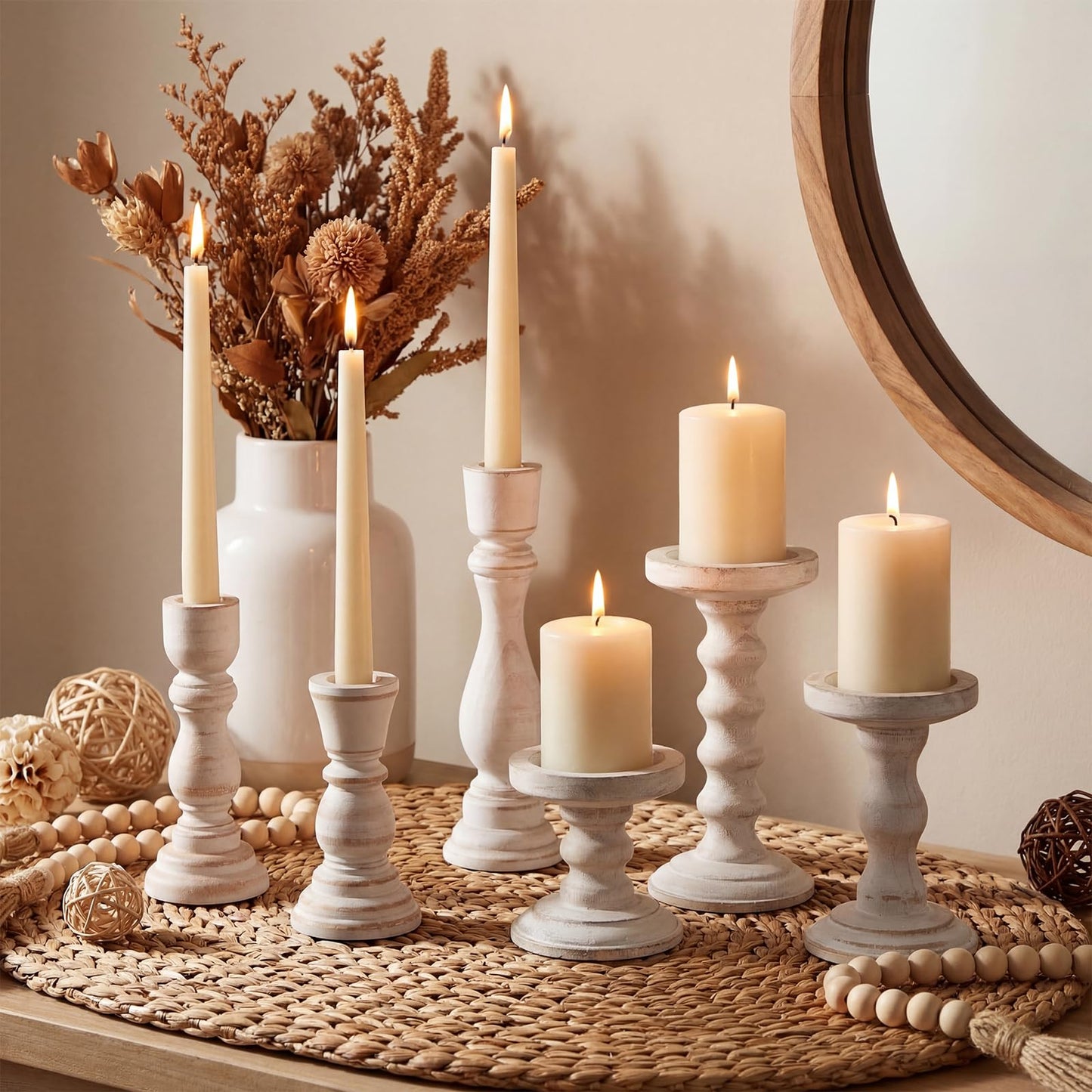 Reallnaive Wooden Candle Holders for Pillar Candles Set of 12, 2 Styles White Rustic Candlestick Stand Centerpiece Decor Fits 0.87-4" Candle Farmhouse Decorations for Fireplace Mantle