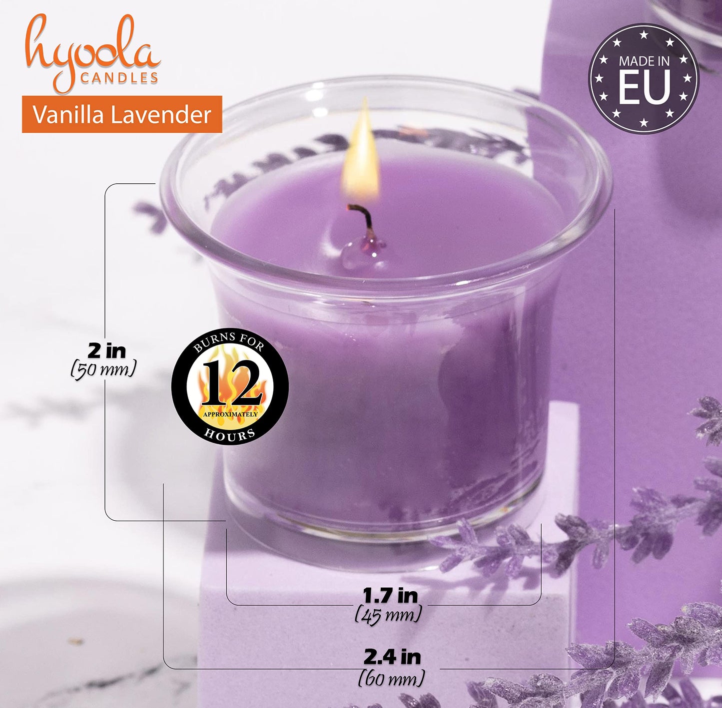 HYOOLA Clear Cup Scented Votive Candles - Vanilla Lavender - 12 Hour Burn Time - 4 Pack - European Made