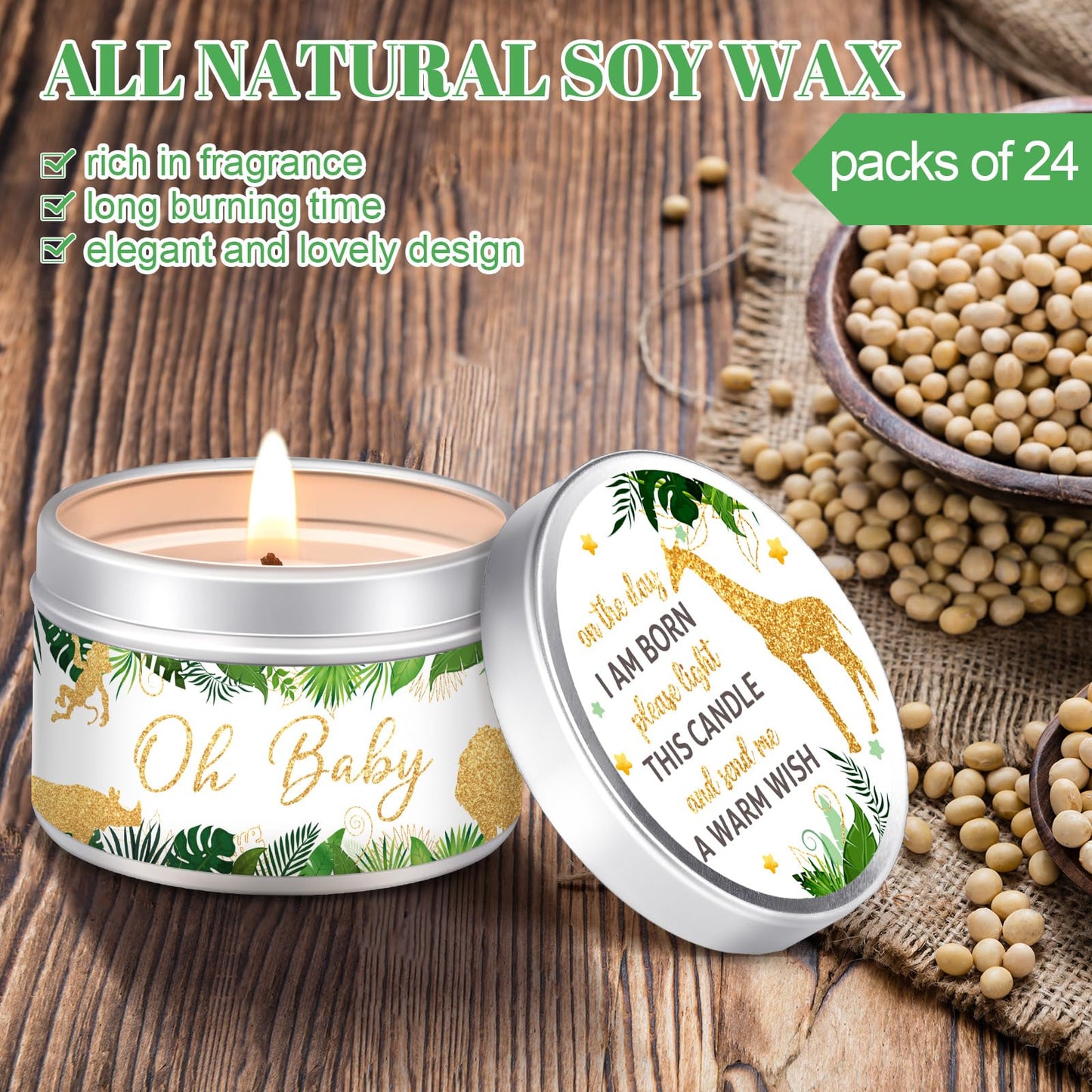 MTLEE 24 Pcs Jungle Animal Baby Shower Party Favors Candles Lavender Scented Baby Shower Favors for Guests Rustic Tealights Candles Gender Reveal Return Gifts (1.2 oz, Khaki)
