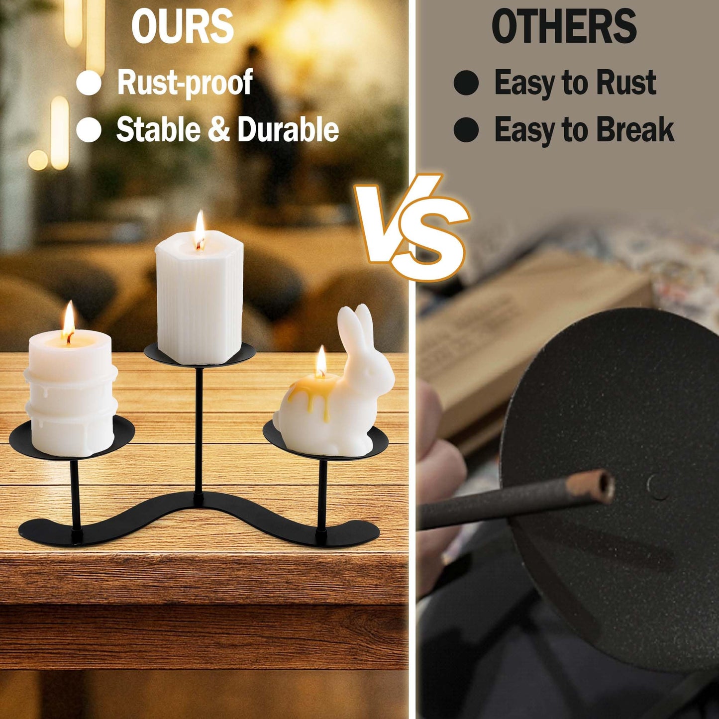 Home Decor Candle Holder Fireplace: 10 inch Metal Pillar Candelabra for Outdoor Wedding Party - Black Candle Stand for Indoor Dining Living Room - Advent Halloween Christmas