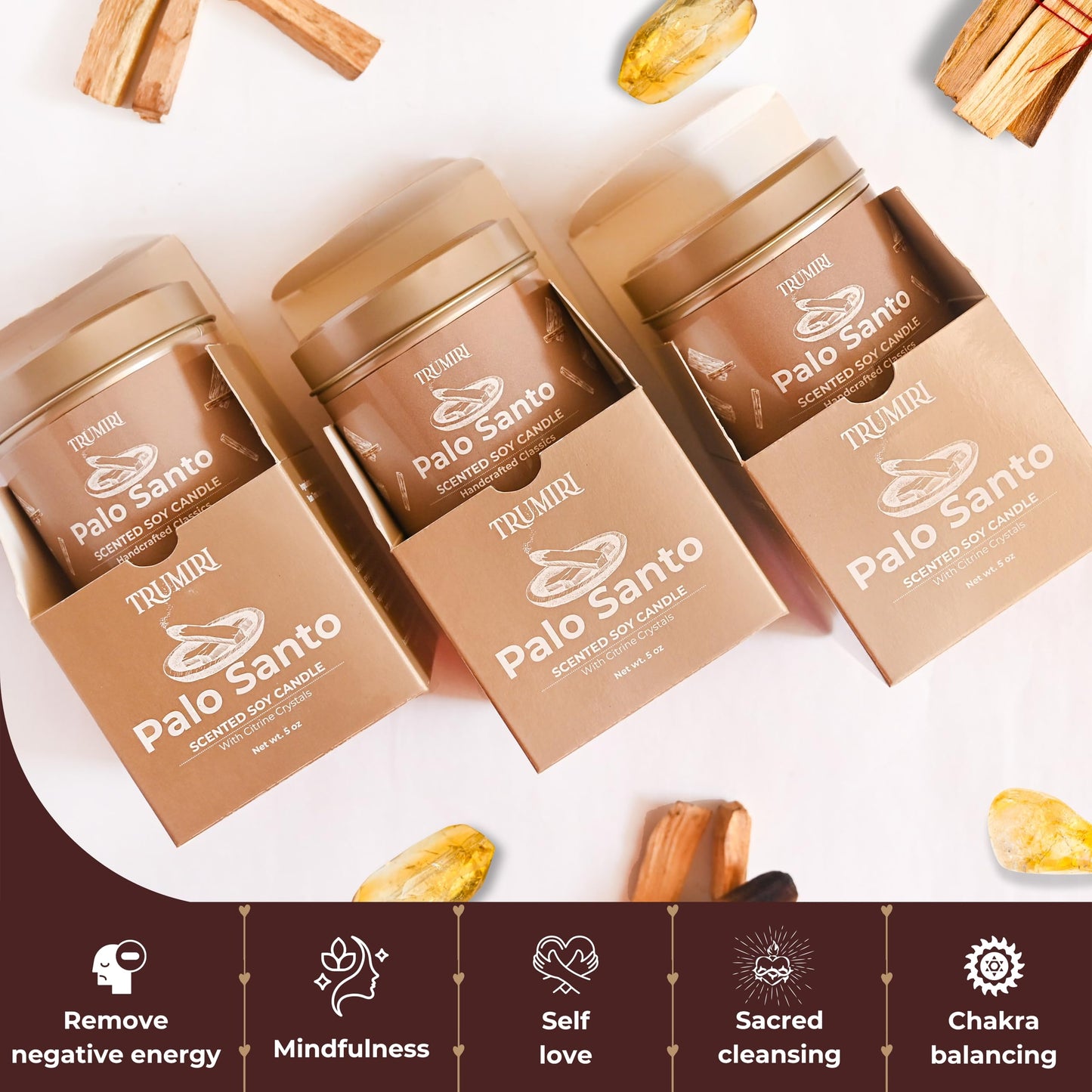 Palo Santo Candle for Home - Highly Scented with Citrine Crystals - Pack of 3 x 5oz Soy Wax Organic Non Toxic for Aromatherapy Relaxation Meditation - Room Decor for Men - Pet Safe Candel