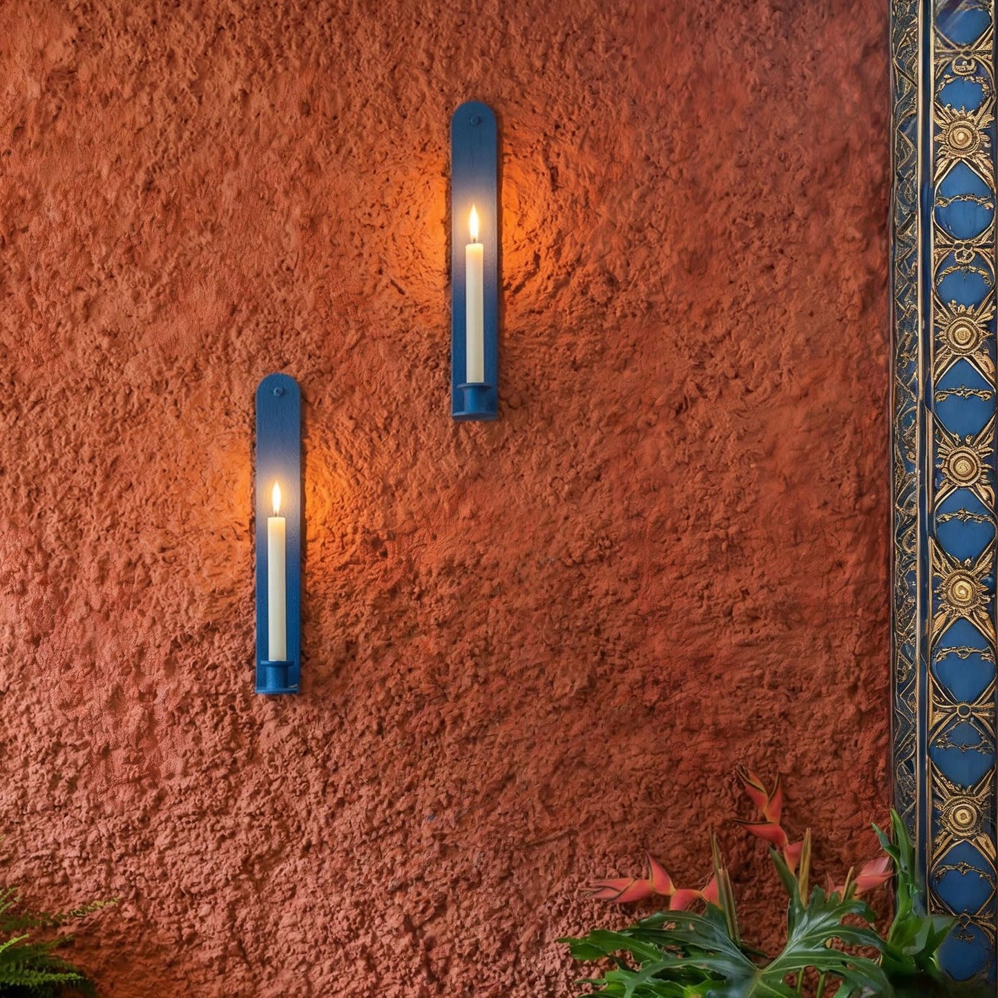 AimtoHome Wall Candle Sconces Set of 2, Classic Iron Farmhouse Holders for Taper Candles, Rustic-Textured Powder-Coated Wall Mounted in Blue for Living Room, Hallway Decor