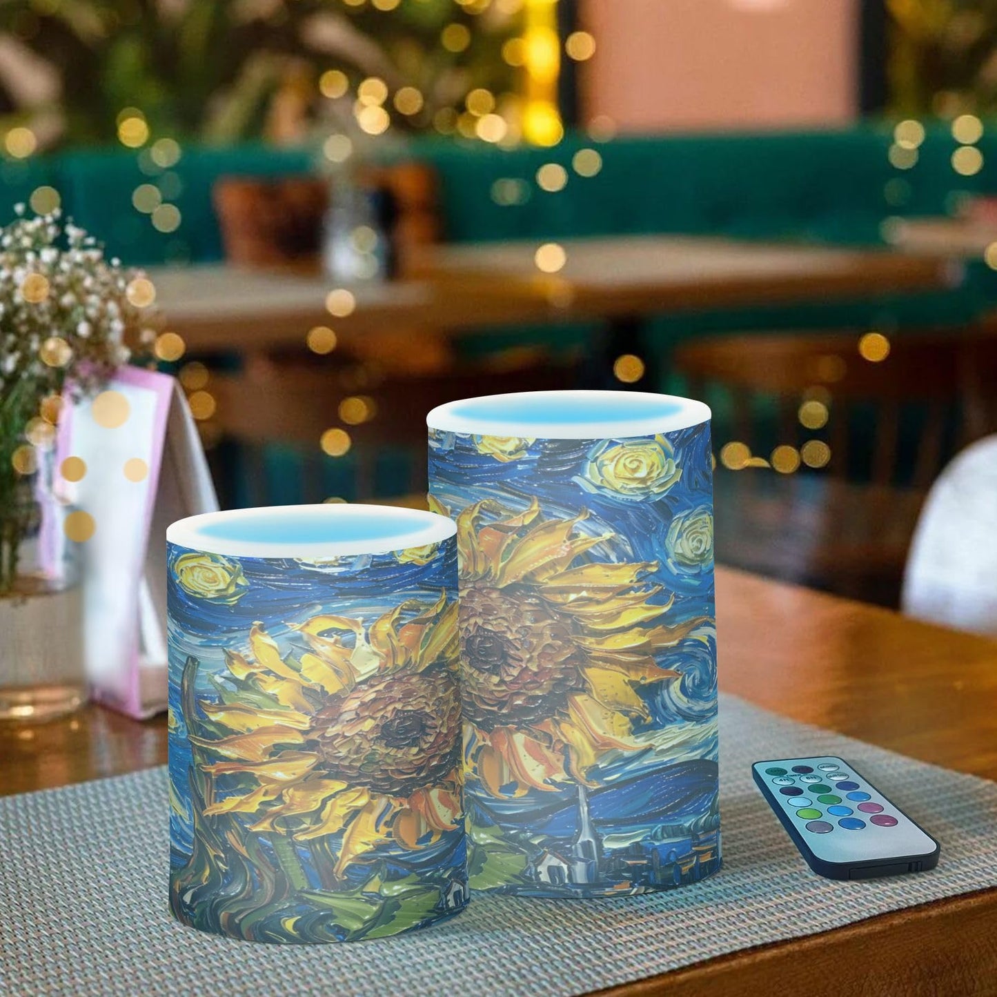 ALAZA Oil Painting Starry Night Sunflower Flickering Flameless Candles Pillar Led Candles Battery Operated Candles with Remote and Timers Set of 2