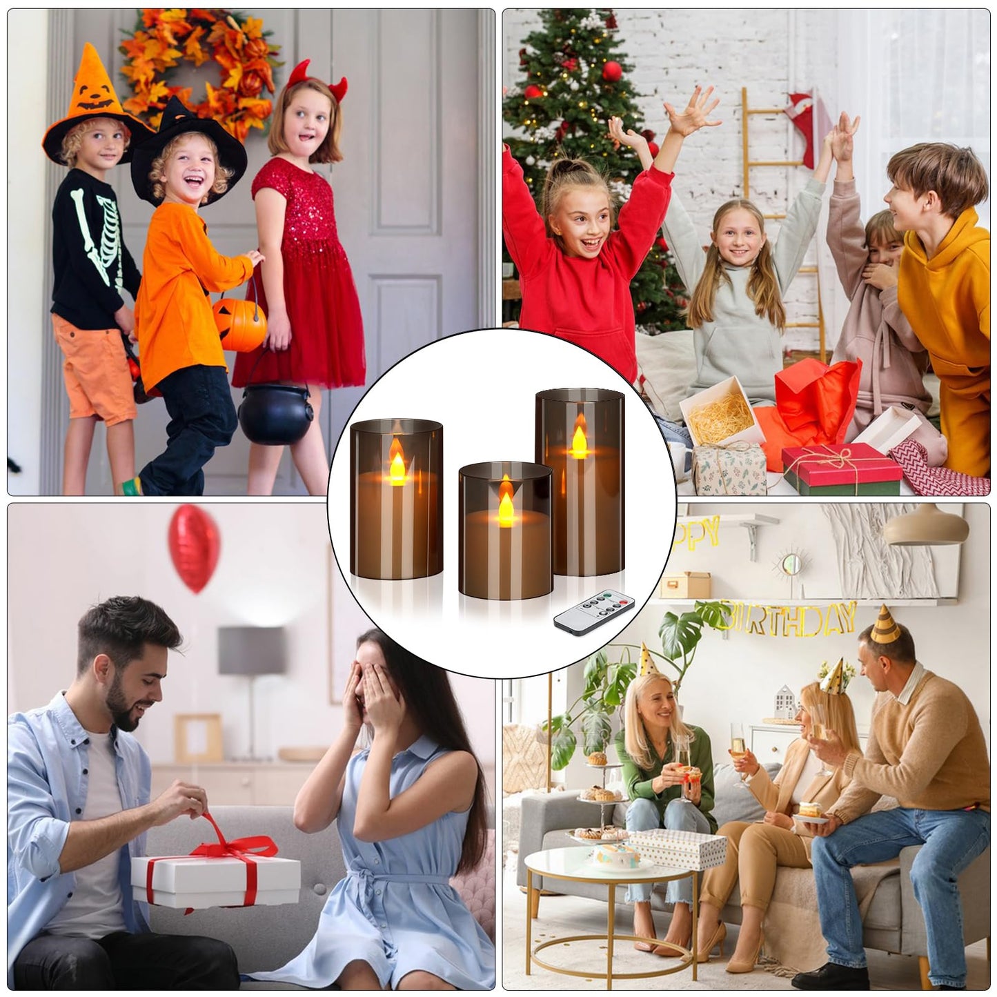 Flameless Candles 4" 5" 6" Acrylic Glass Pillars 3" Diameter Battery Operated Flickering Candles Include Remote with 24Hour Timer Function 400+ Hours by 2 AA Batteries (Gray, Warm Light 6 Pack)