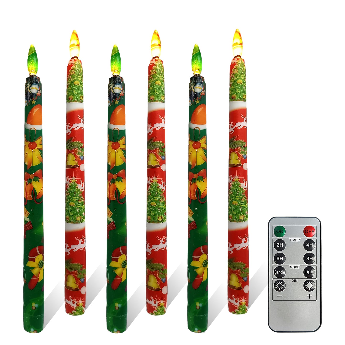 FCMSHAMD 6PCS Christmas Red Green Flameless Taper Candles, 11 Inch LED Candlesticks Battery Operated with 11-Key Remote and Timer, 3D Flickering Flame Lights for Wedding Party Home Decor Gifts