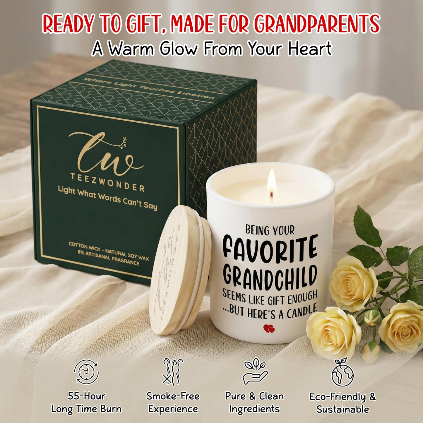TEEZWONDER Grandma Mothers Day Gift from Granddaughter Grandson Grandkids – Scented Candle Vanilla Lavender 10oz – Mothers Day Fathers Day Birthday Gifts for Grandma Papa Grammy Mimi Nana Grandpa