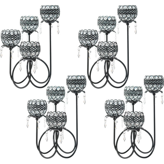 4 Arms Crystal Candelabra Tealight Holder - Tall 15.7 Inch Elegant Centerpiece with Crystal Pendant Bowls & Artistic Metal Stand for Wedding, Dining Table, Home Decor (4, Black)