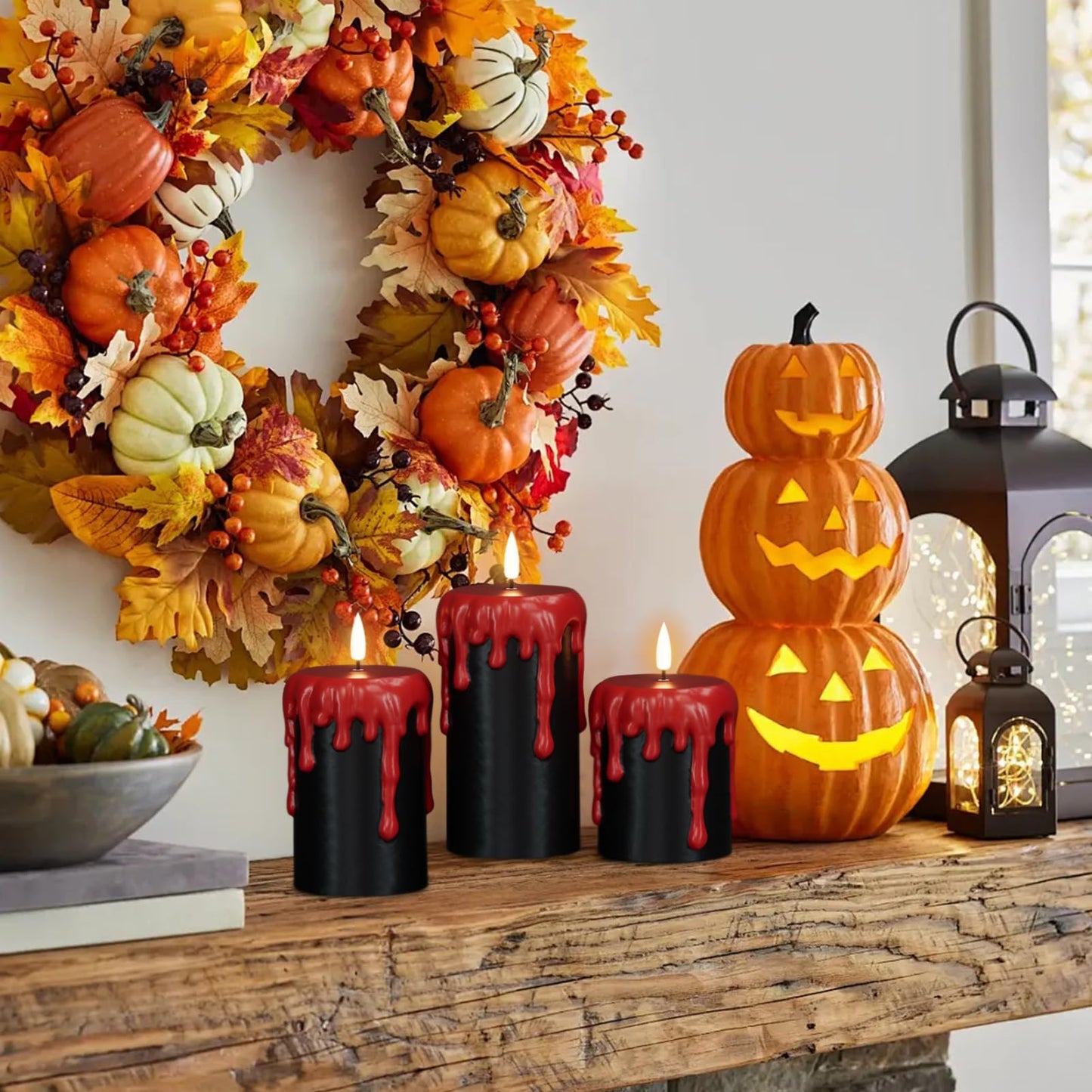 DRomance Battery Operated Flameless Candles with 6H Timer, Blood Dripping Wax Effect Black LED Pillar Candles 3D Wick Flickering Spooky Halloween Indoor Decoration Light(3 Pack, 3 x 4,5,6 Inches)