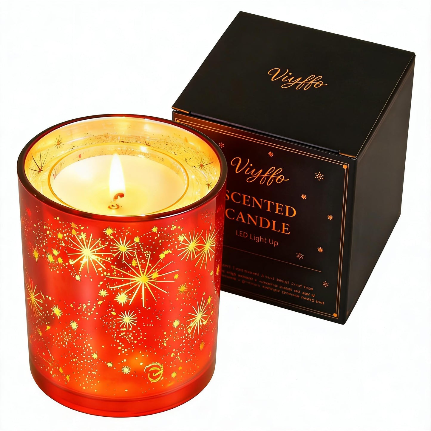 Viyffo 12oz LED Light Up Scented Candle, Lavender & Eucalyptus Soy Candle, Decorative Red Glass Jar Candle, Non Toxic Home Fragrance Candle, Gift for Women, Bedroom, Bathroom & Living Room