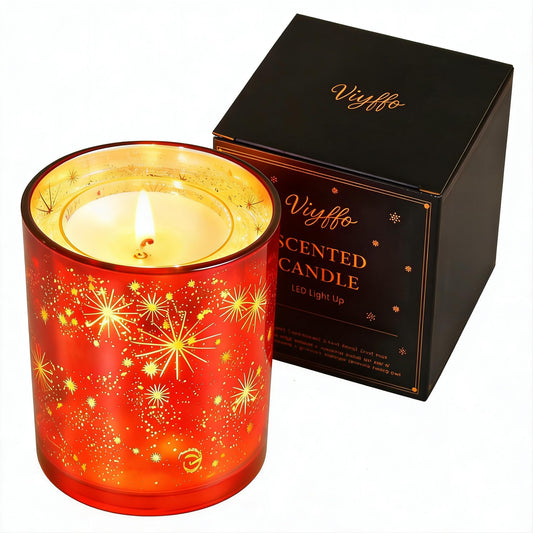 Viyffo 12oz LED Light Up Scented Candle, Lavender & Eucalyptus Soy Candle, Decorative Red Glass Jar Candle, Non Toxic Home Fragrance Candle, Gift for Women, Bedroom, Bathroom & Living Room