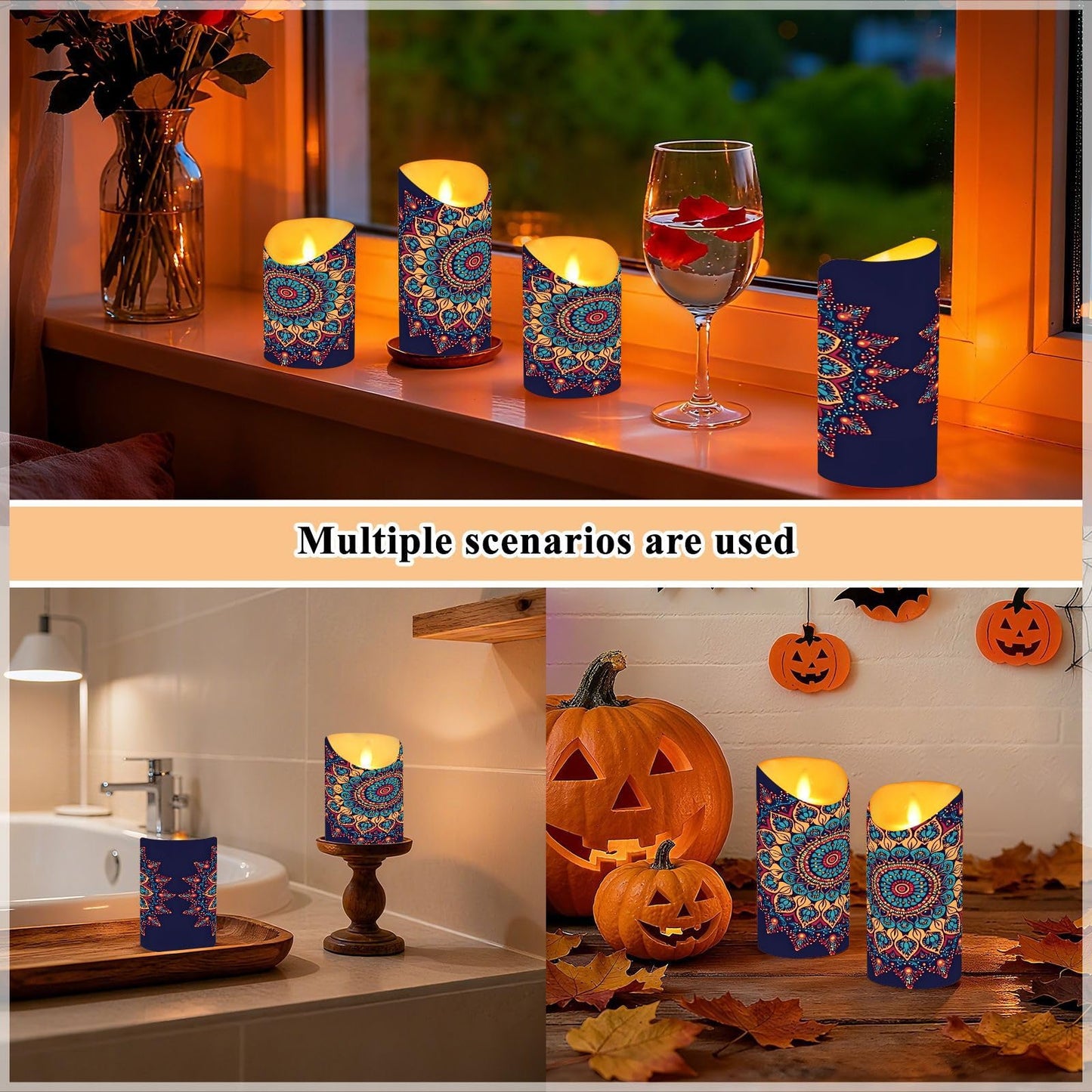 Gravopti Mandala Pattern 2 Pack Flameless LED Pillar Candles with Remote & Timer, Battery Operated, Flickering Wax Candle for Wedding, Romantic Home & Party Decor