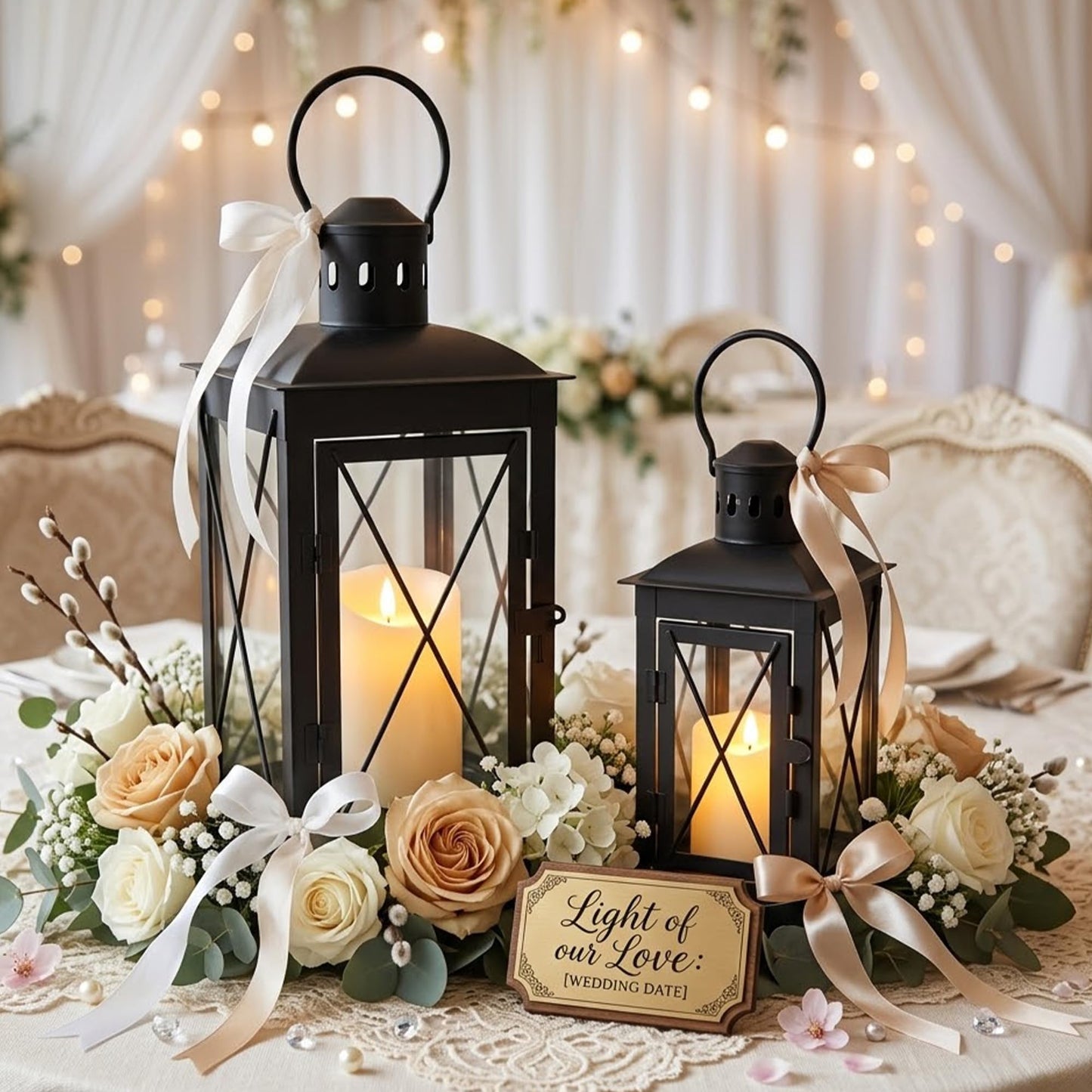 TRIROCKS Set of 2 Decorative Candle Lantern 12'' & 8'' High Metal Candle Holder Hanging Lantern Perfect for Home Decor Patio Living Room Parties Events Tabletop Indoors Outdoors (Black)