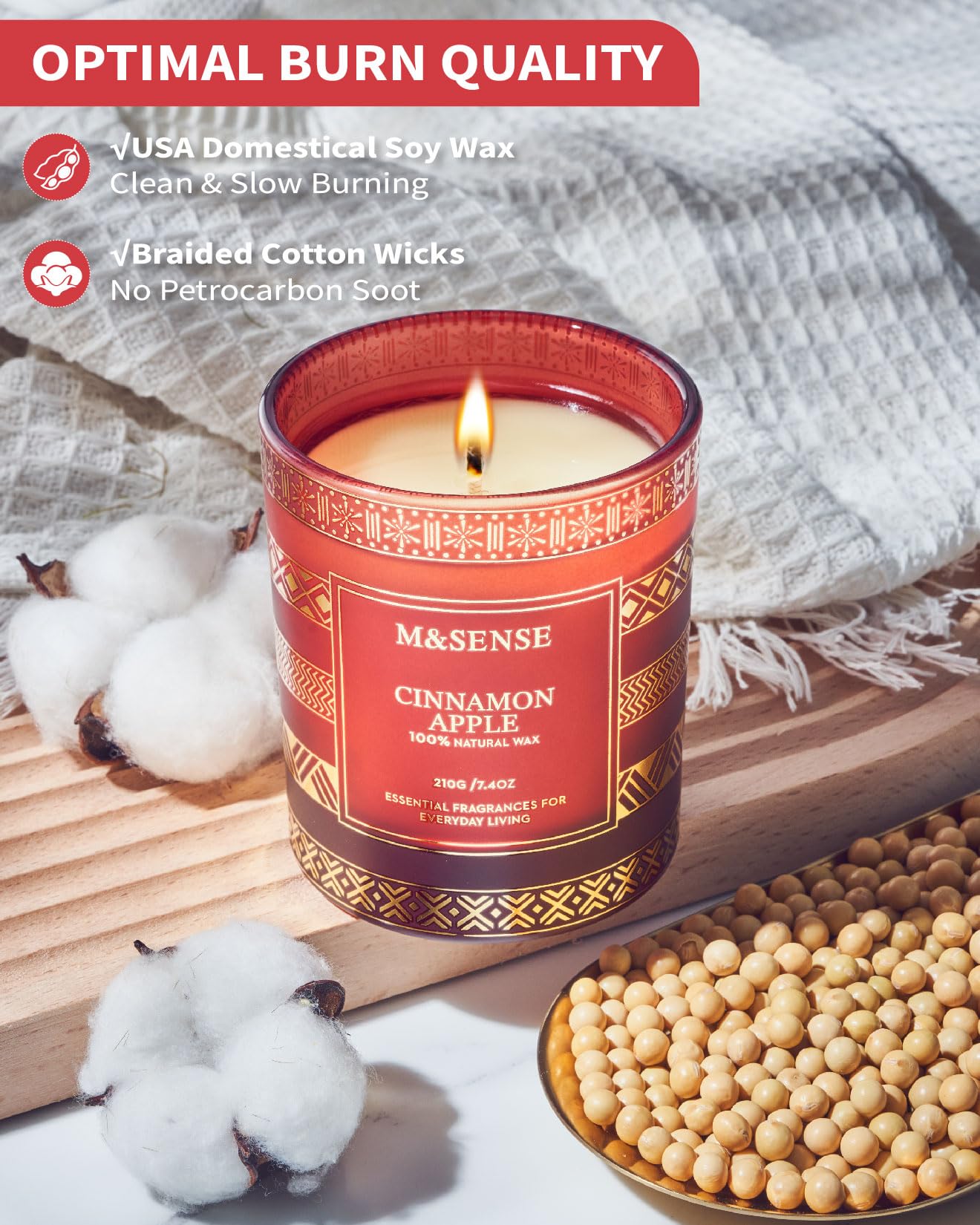 M&SENSE Cinnamon Apple Christmas Soy Candle, Natural Non Toxic 7.4oz 45 Hour Long Burning, Winter Luxury Holiday Candle for Home Scented, New Year Gifts for Men & Women