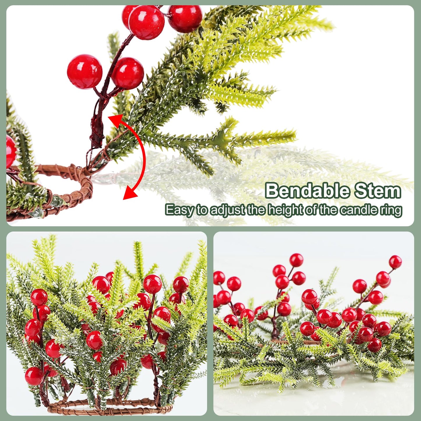 IWNTWY 6Pcs Christmas Candle Ring Wreaths, Artificial Red Berries Pine Branches Leaves Candle Rings for Pillars Candle Holder, Home Christmas Party Table Centerpiece Decoration