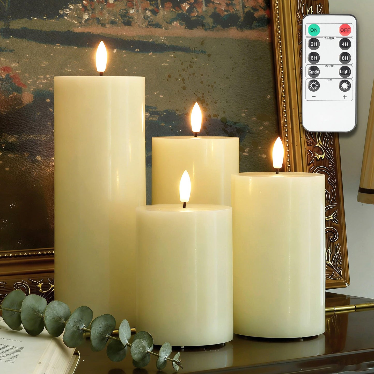 JOIONE Flameless Pillar Candles with Remote Set of 4, Real Wax LED Battery Operated Candles, Safe Home Décor for Living Room, Bedroom, and Dining Table, Ivory