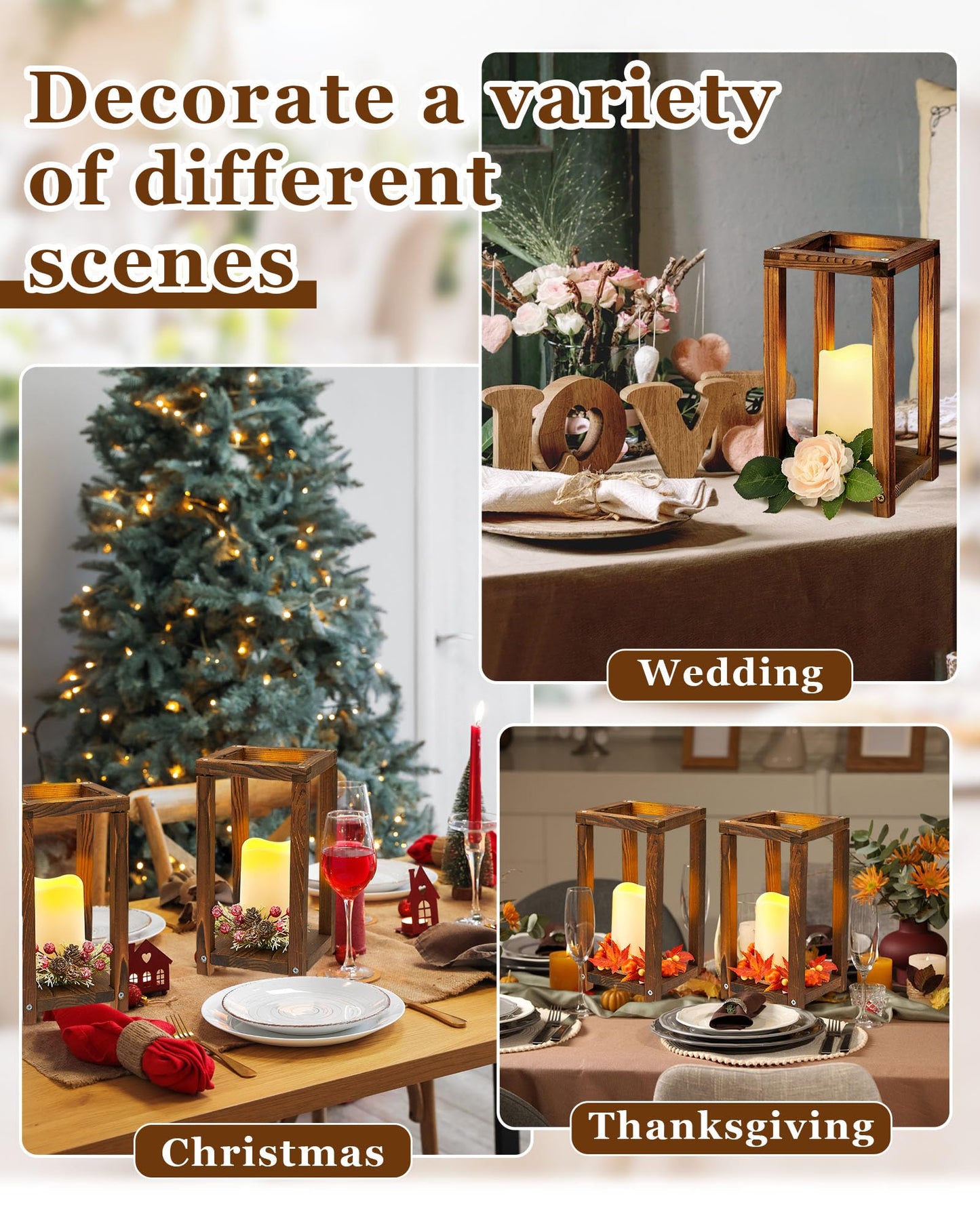 Huquary 8 Pcs Wooden Wedding Lantern Centerpiece for Table Decoration Includes 4 Farmhouse Candle Holder and 4 Flameless Decorative LED Candles for Rustic Home Wedding Decor(Dark Brown)