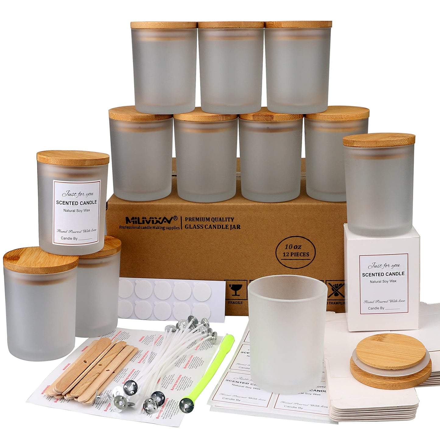 MILIVIXAY 12 Pack 10 OZ Frosted Glass Candle Jars with Lids and Candle Making Kits - Bulk Empty Candle Jars for Making Candles - Spice, Powder Containers.