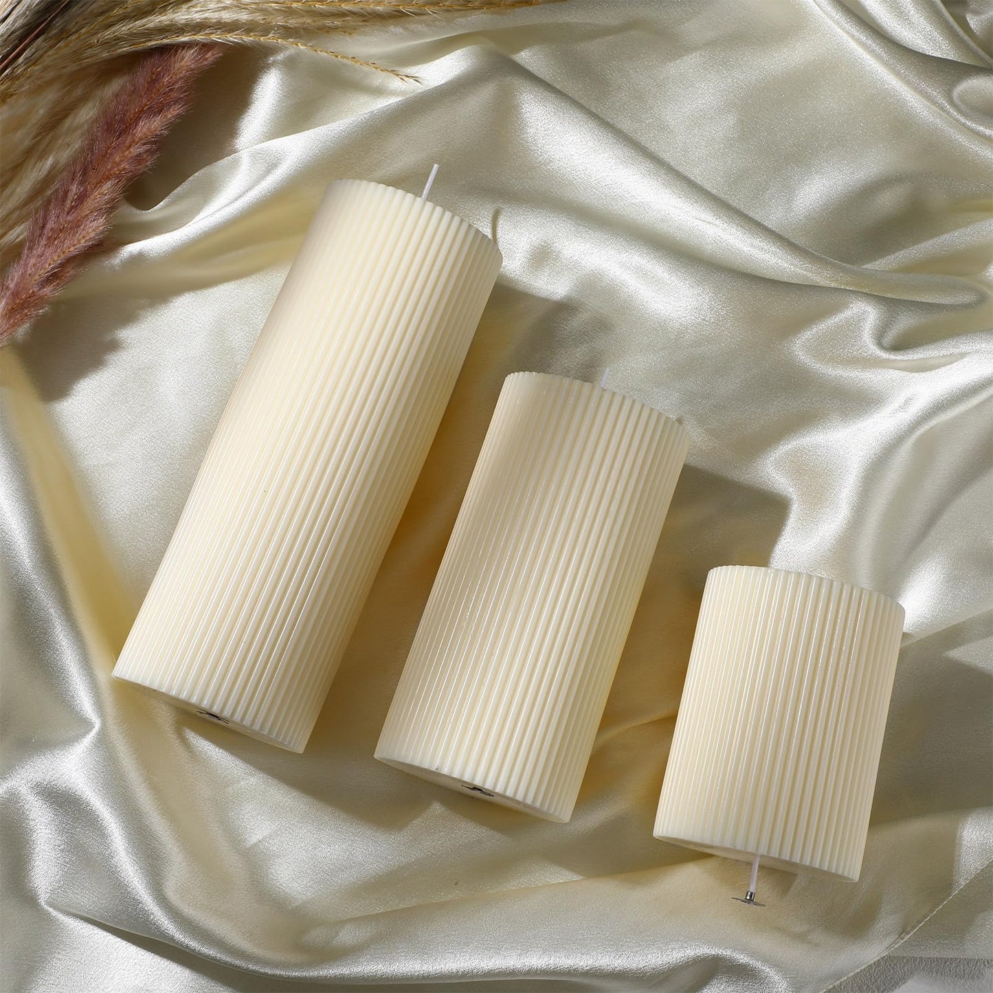 Conelist Ribbed Pillar Candles Set of 3, Width 3" High 4" 6" 8" Large Soy Wax Orchids Scented Pillar Candles Aesthetic Ribbed Modern Home Decor for Bathroom Living Room(Cream)