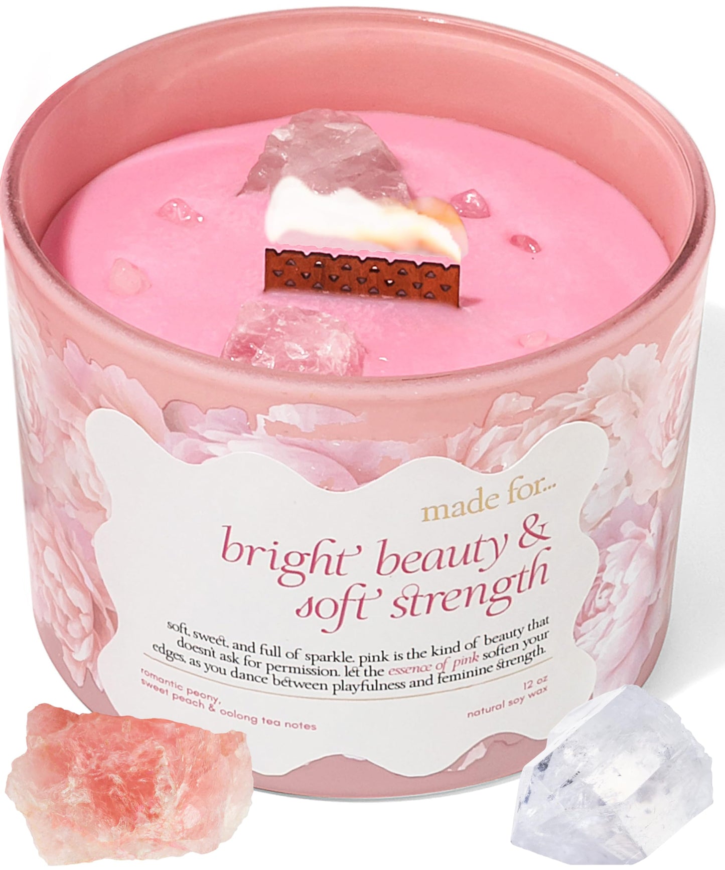 Pink Crystal Candle for Women – 12oz Large Luxury Soy Wax with Crackling Wood Wick, Slow Burn Meditation with Healing Crystals, Birthday or Mother’s Day Gift