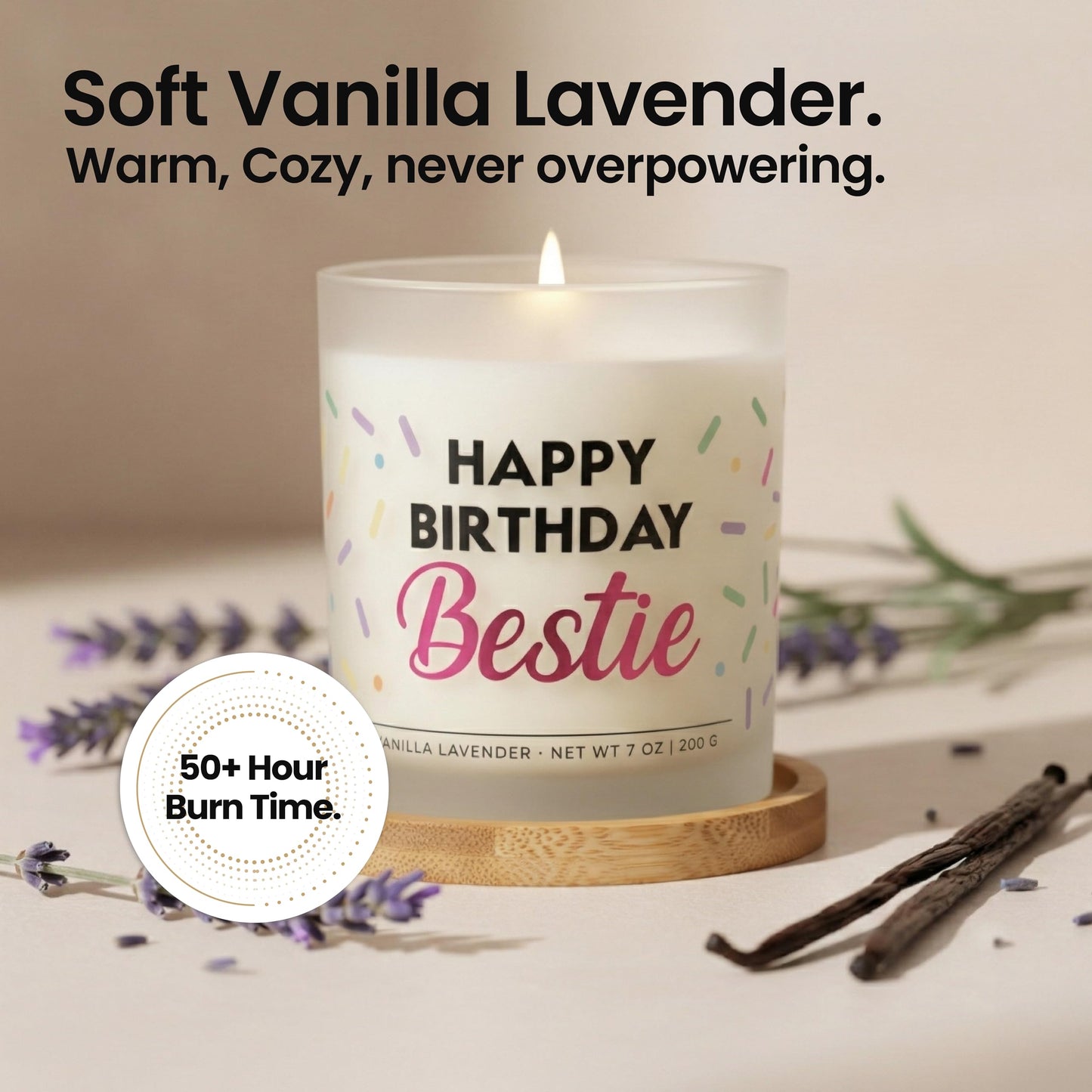 Bestie Birthday Gifts for Women - Happy Birthday Bestie Gifts for Women with Sprinkles Friendship Soy Candle Gift Set for BFF Sister Coworker Vanilla Lavender Candle Ready to Gift Box by Wick and Wit