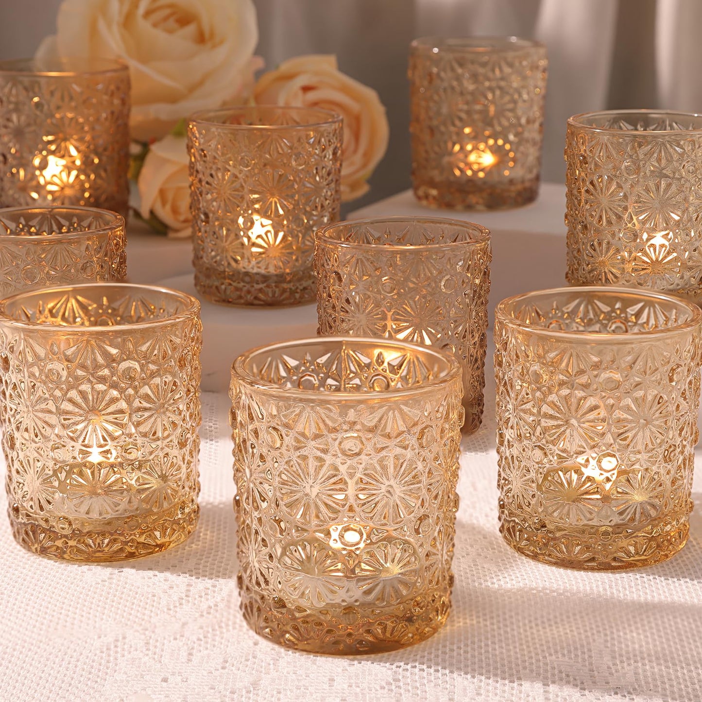 Lanttu 12 Pack Gold Votive Candle Holders, Flower Tea Lights Candles Holders for Wedding Table Centerpieces, Birthday Parties, Anniversary, Bridal Shower and Holiday Decorations