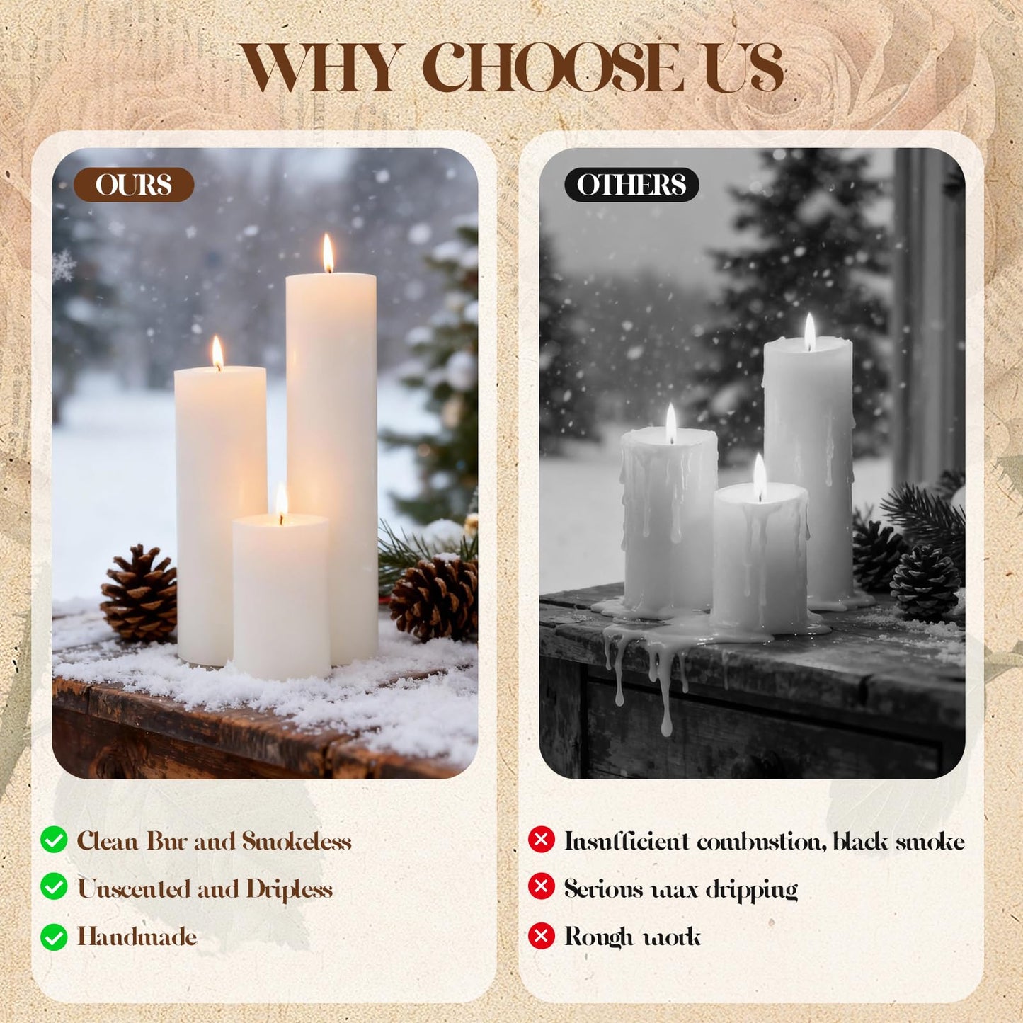 Veiuwa 36 Pack White Pillar Candles Bulk Set, 2x3 2x6 2x8 Inch - 12 Each Size, Dripless Smokeless Clean Burning for Wedding Centerpieces, Home Decor, Church, Romantic Ambiance！