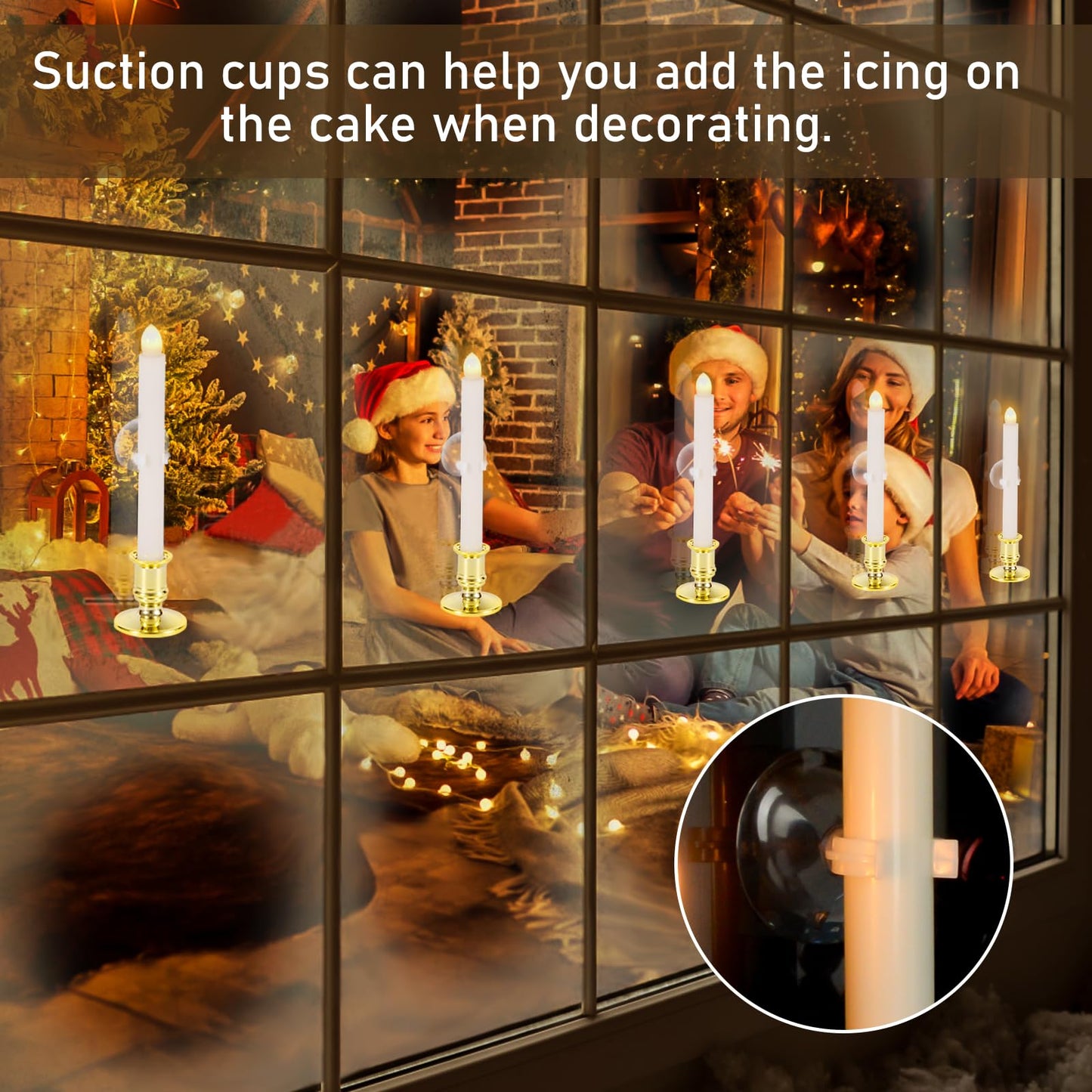 Qmioti 2 Pack Christmas Window Candles with Remote Timer, Flickering Flameless Candles with Candle Holders Suction Cups for Christmas Party Decorations, Gold