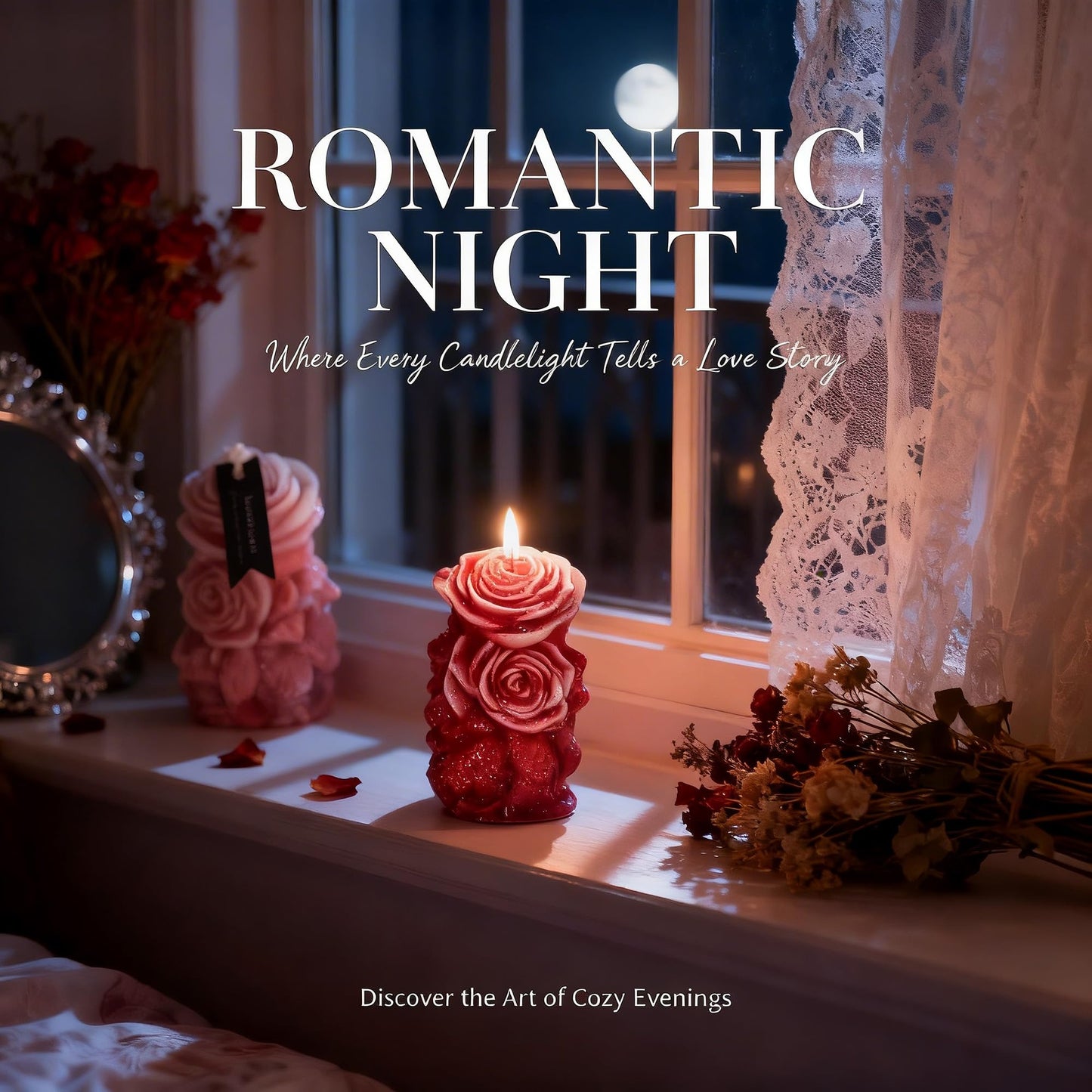 Rose Flower Shape Scented Candle,Red Rose Blossoming Floral Soy Wax Decorative Candle for Valentine's Day,Birthdays & Aesthetic Spaces,Romantic Engraved Pillar Low Temp Wax with Glitter