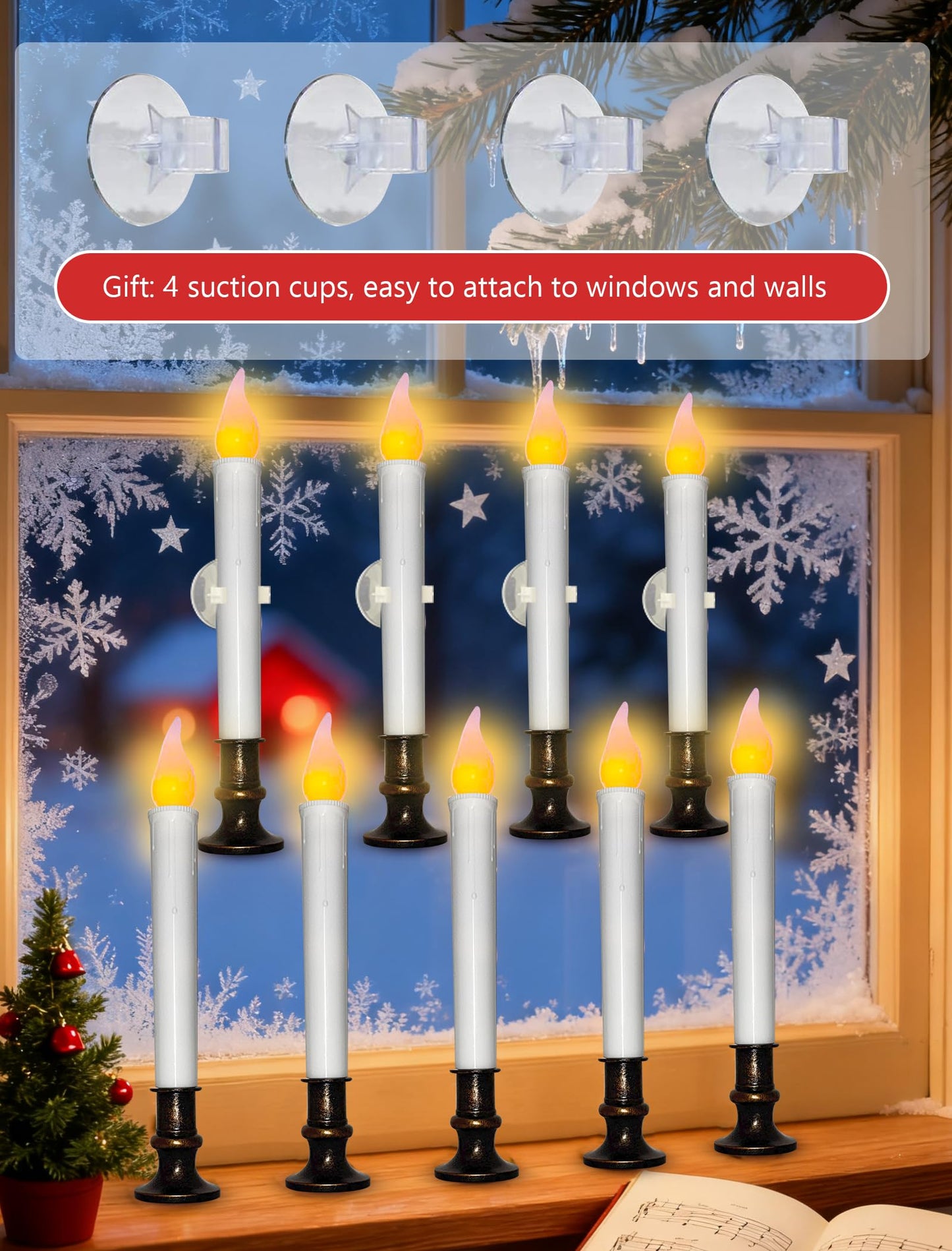 4 Pcs Christmas Window Candles with Timer, 9’’ LED Battery Operated Window Candle Lights with Flickering Flameless Flame, LED Candlesticks for Holiday Christmas Window Table Home Decor-Bronze Base