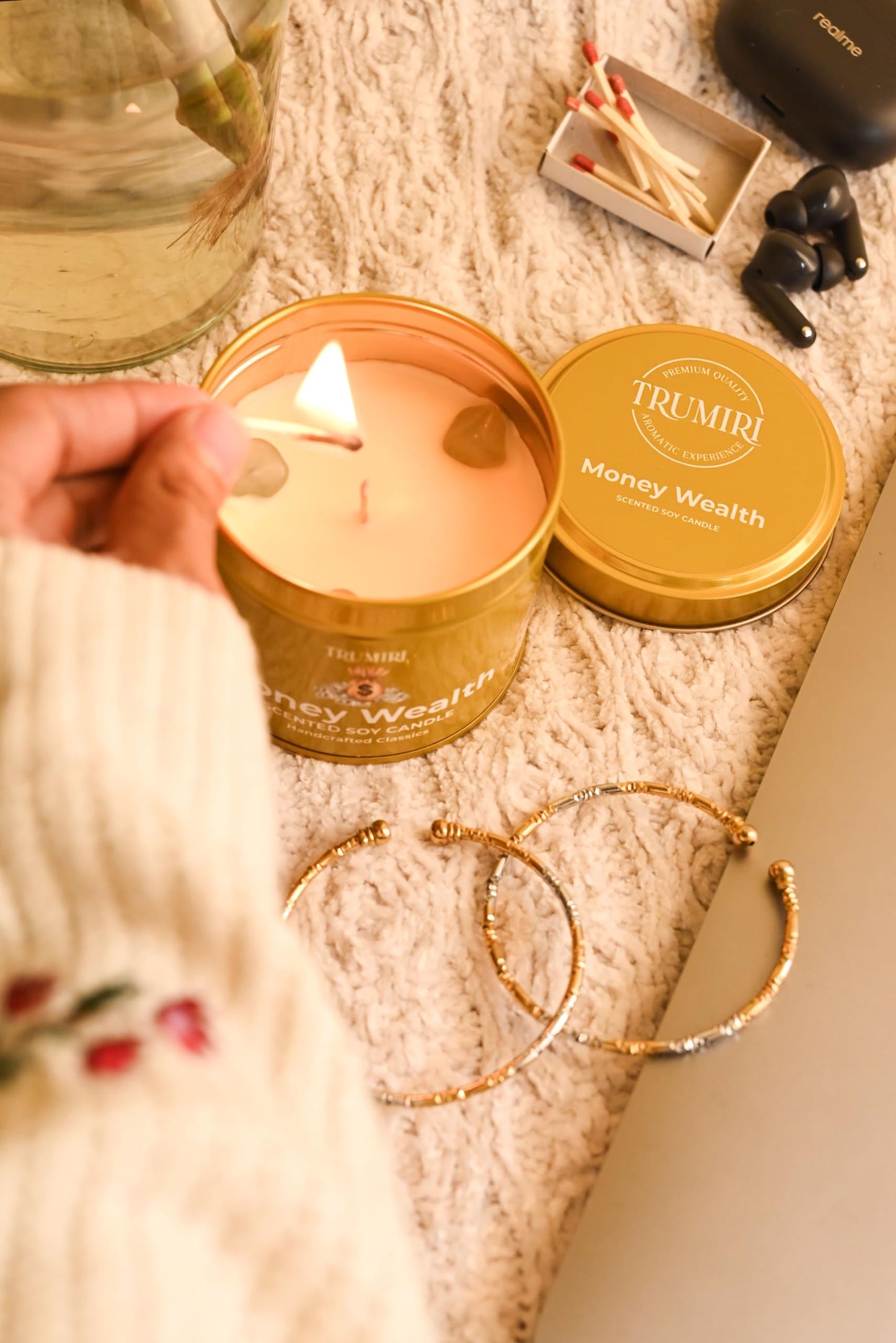 Money Wealth - Crystal Candles for Home Scented - 5oz Soy Wax Natural Clean Organic Non Toxic with Essential Oils - for Real Cash Luck Manifestation Aromatherapy Gift Bathroom - Long Lasting Candel